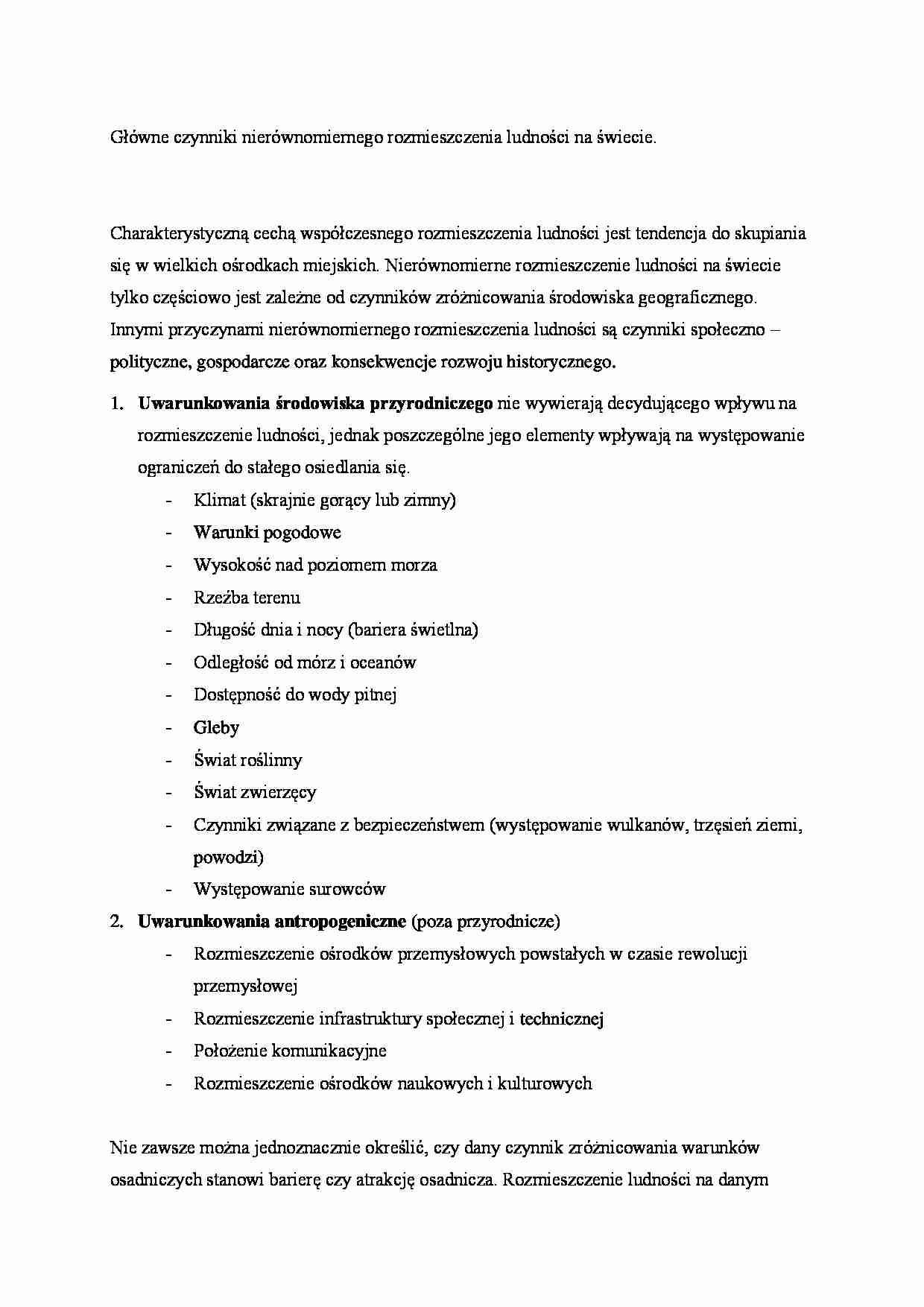 Czynniki nierównomiernego rozmieszczenia ludności - strona 1