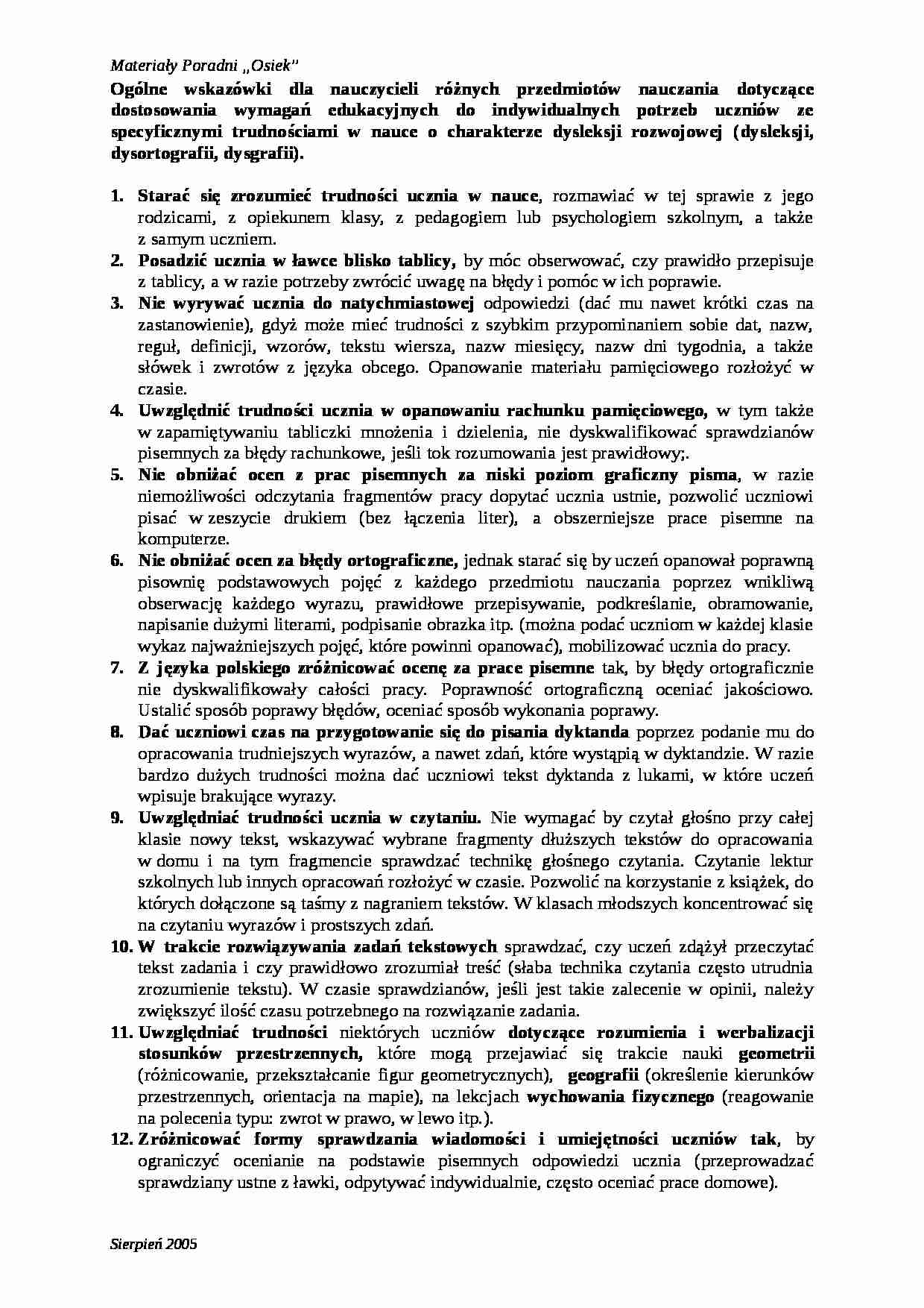 Ogolne wskazowki dla nauczycieli dysleksja - pedagogika - strona 1