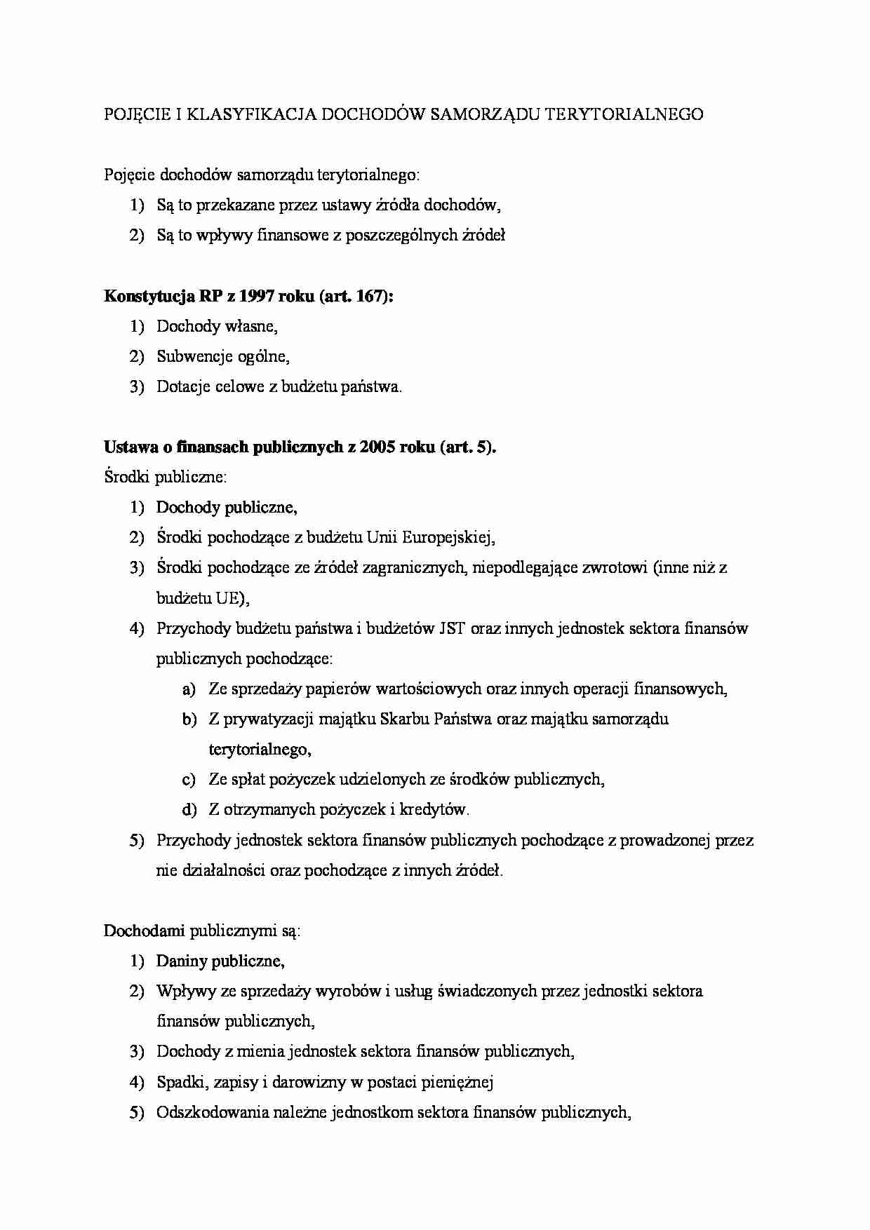Pojęcie i klasyfikacja dochodów samorządu terytorialnego. - strona 1
