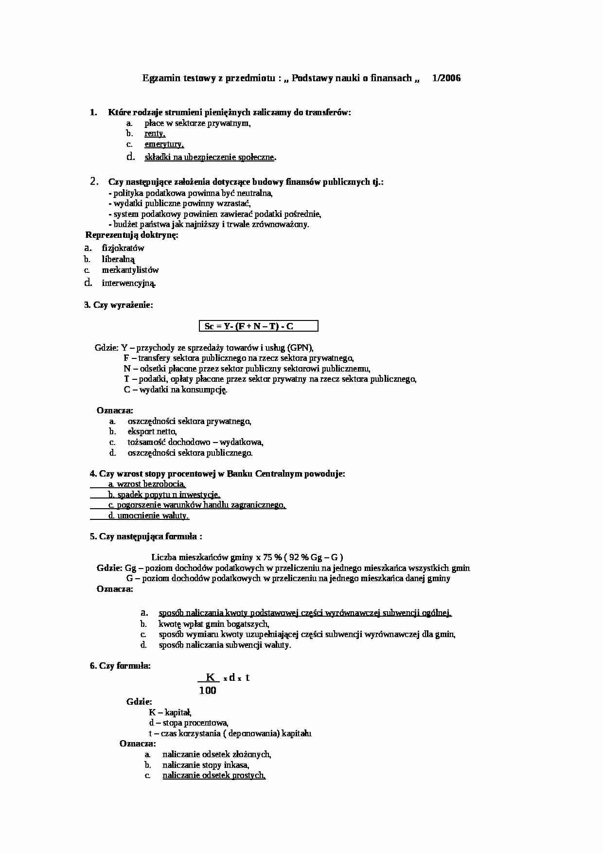 Egzamin testowy z nauki o finansach - strona 1