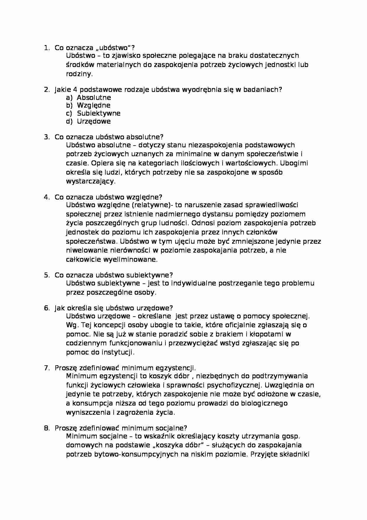 Opracowane pytania egzaminacyjne - Ubóstwo - strona 1