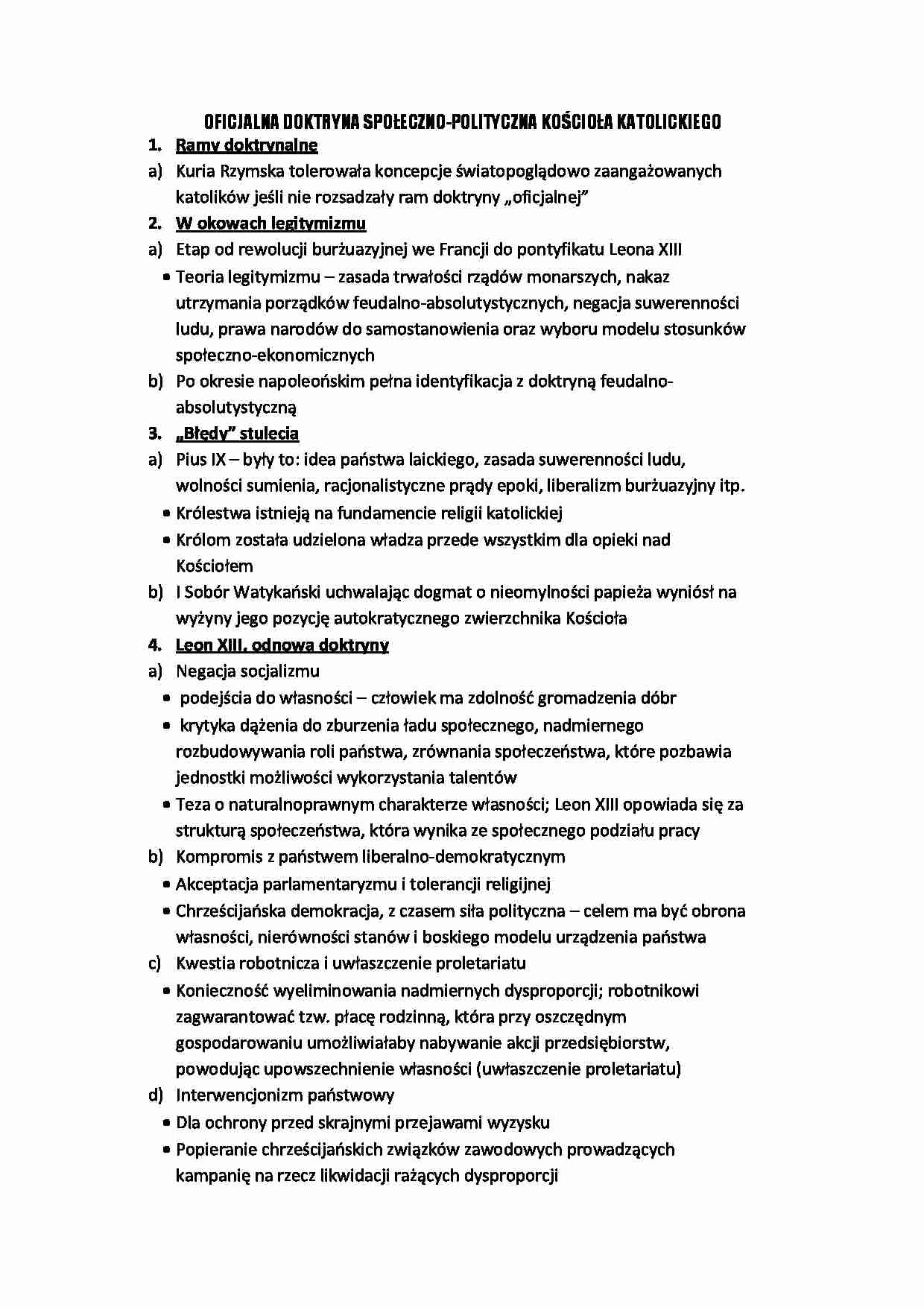 Oficjalna doktryna społeczno- polityczna kościoła katolickiego  - strona 1