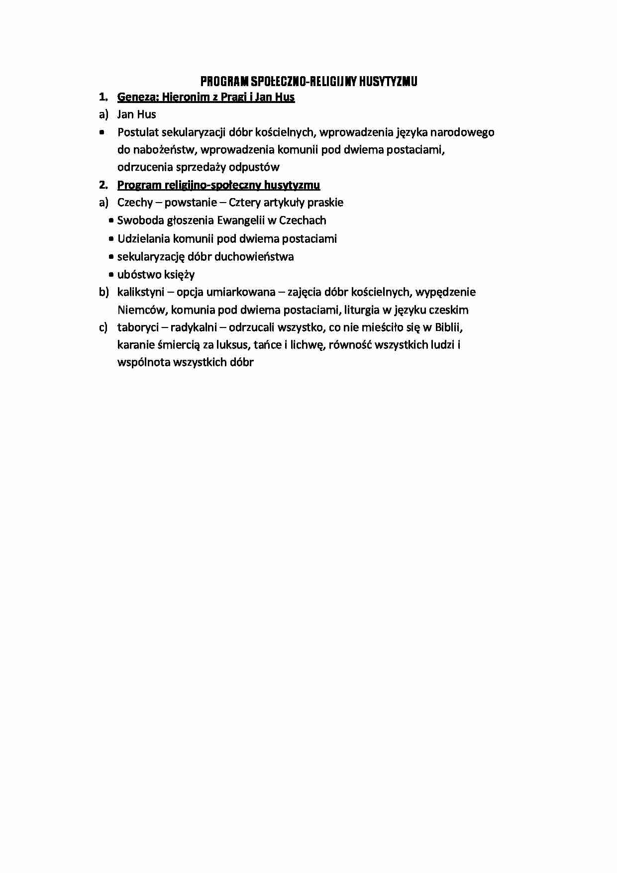Program społeczno - religijny husytyzmu - strona 1