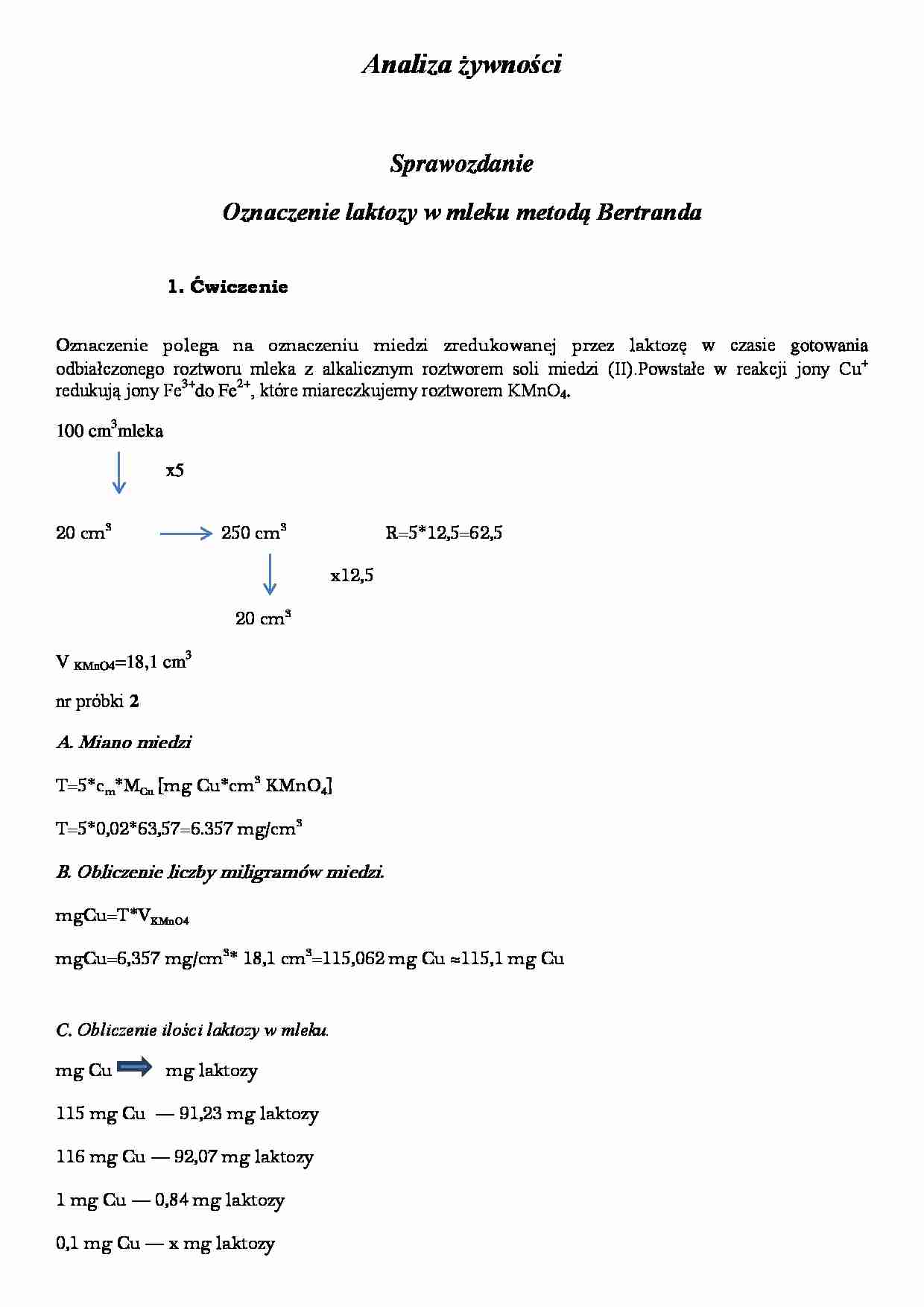 Oznaczenie laktozy w mleku metodą Bertranda - strona 1