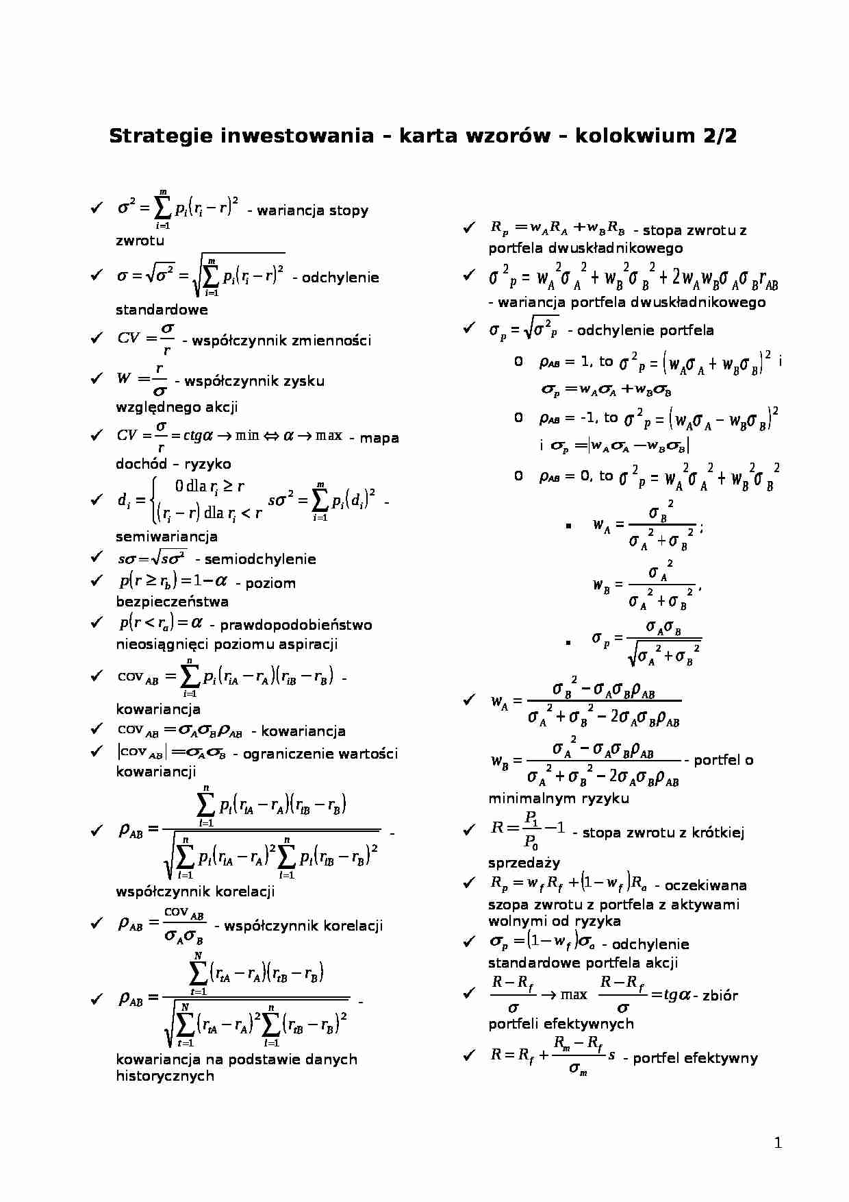 Strategie inwestowania - karta wzorów - strona 1