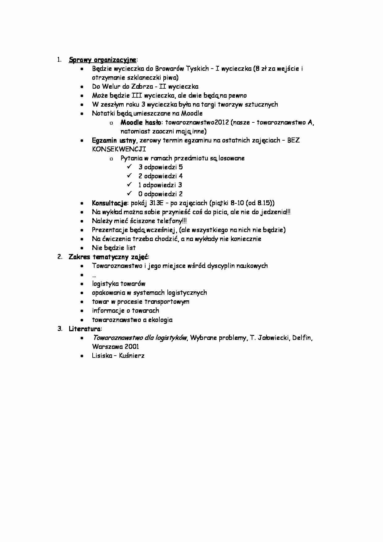 Towaroznastwo - sprawy organizacyjne - strona 1