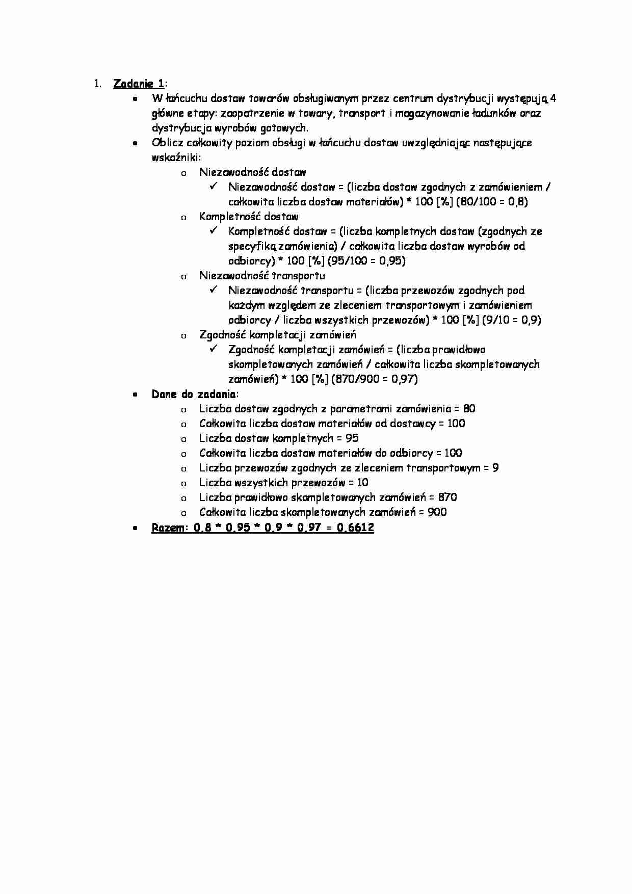Logistyka i zarządzanie - zadanie 1 - obl. całkowity poziom obsługi - strona 1