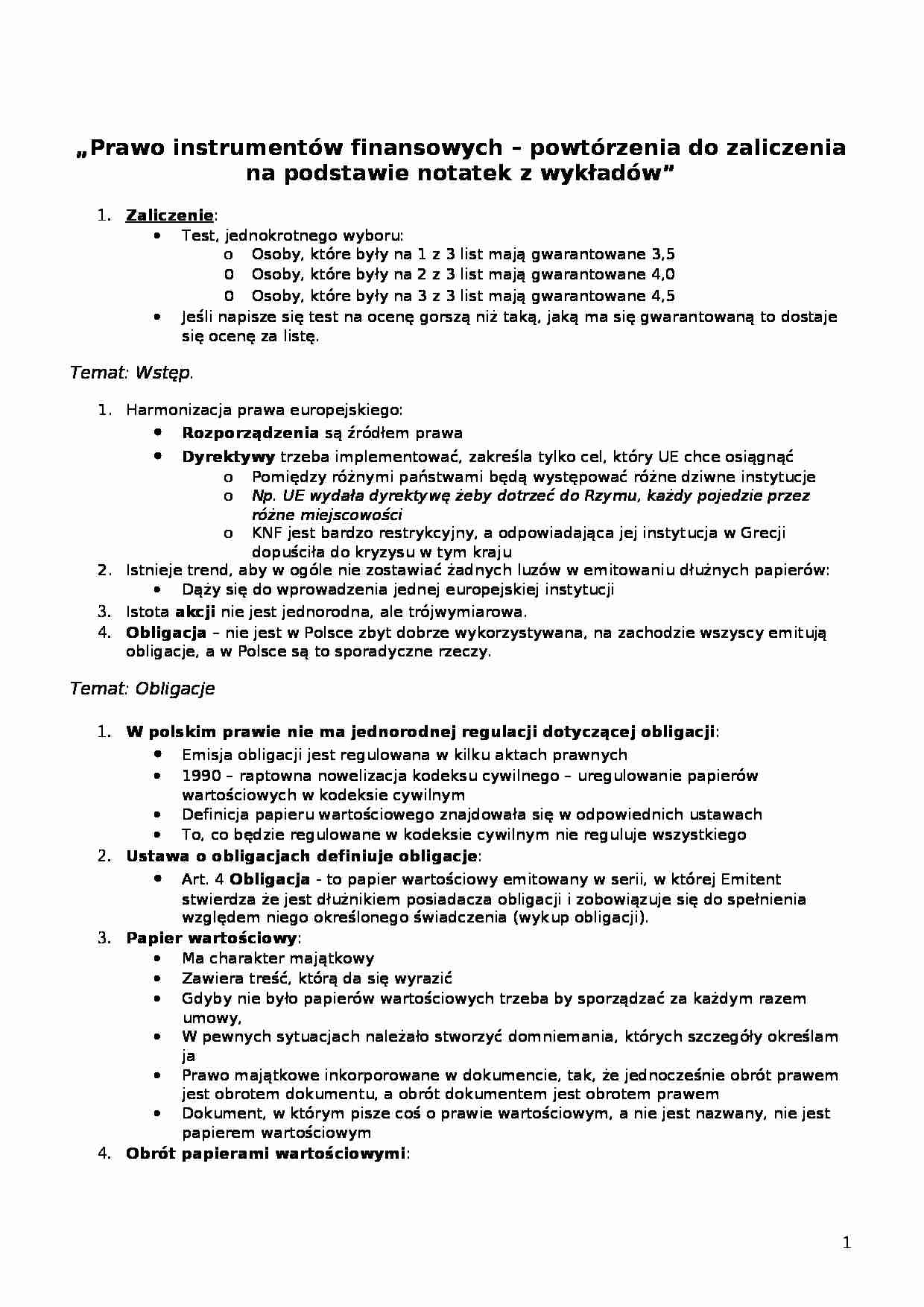 Prawo instrumentów finansowych - ćwiczenia - strona 1
