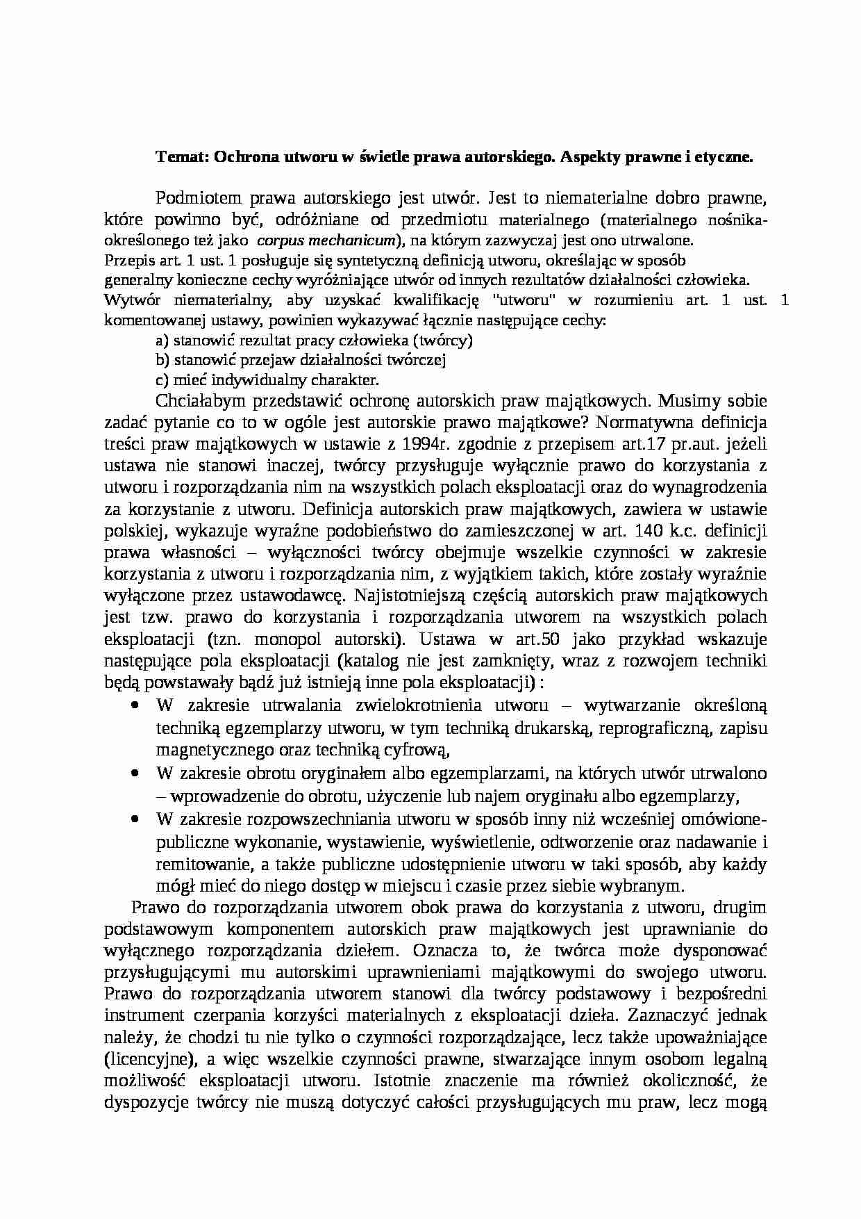 Ochrona utworu w świetle prawa autorskiego. - strona 1
