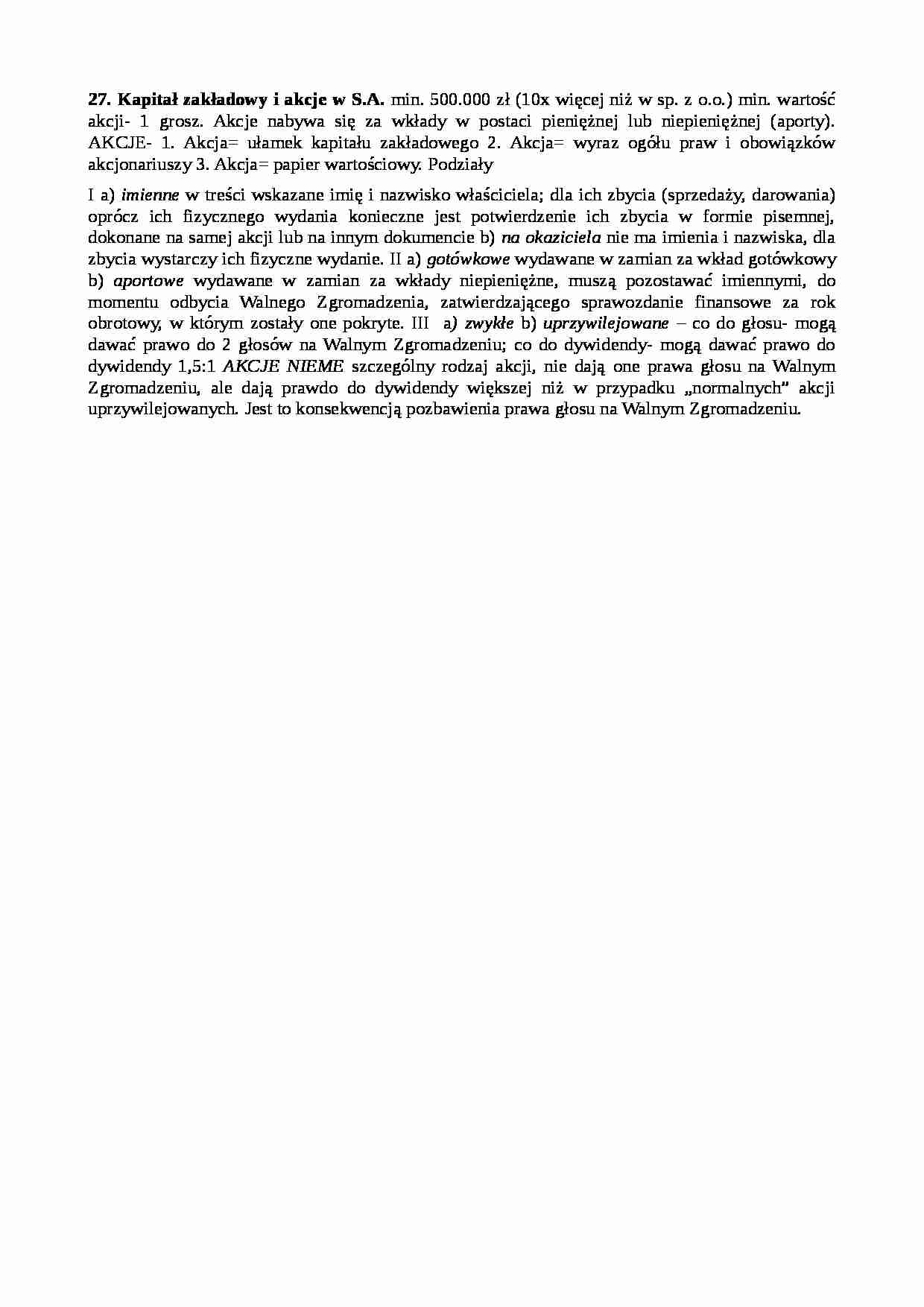 Kapitał zakładowy i akcje w S.A. - strona 1