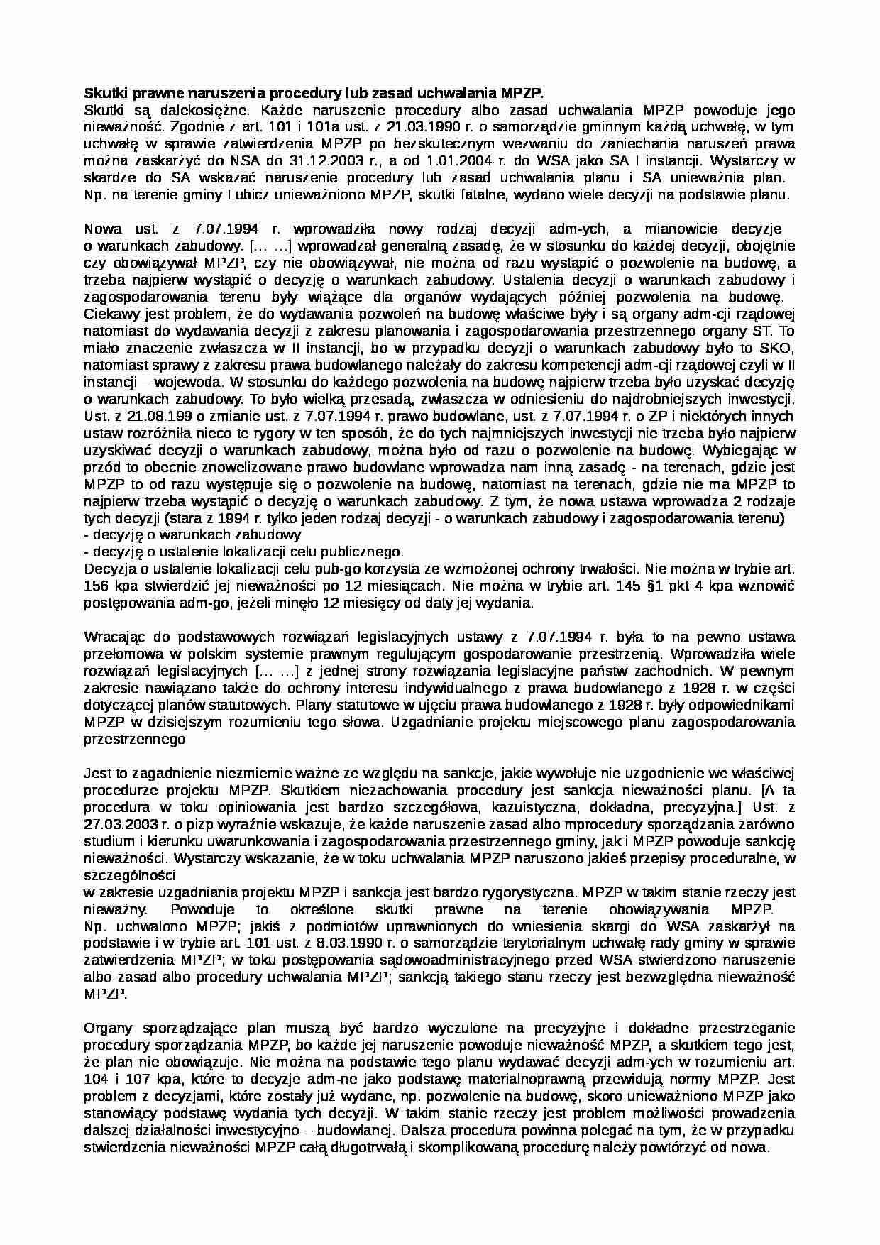 Skutki prawne naruszenia procedury lub zasad uchwalania MPZP - strona 1
