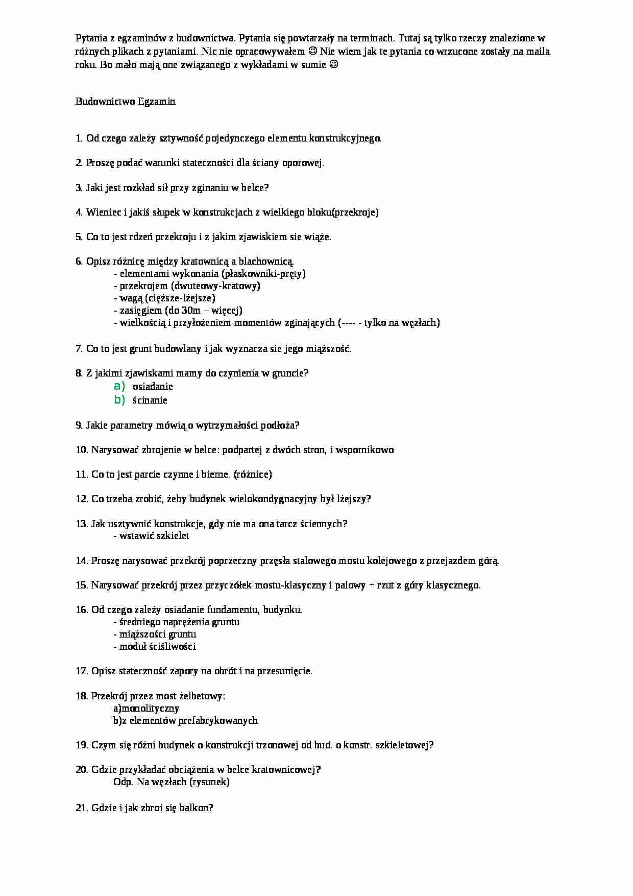 Budownictwo - pytania - strona 1