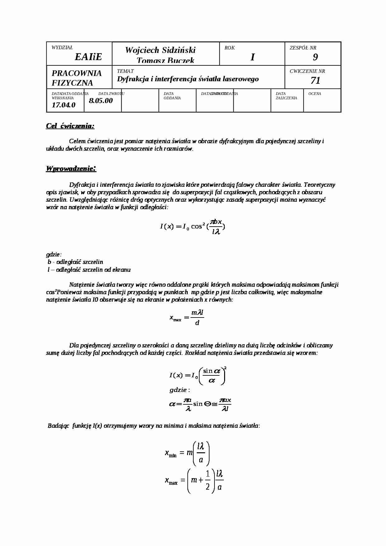 Fizyka - ćwiczenie - strona 1