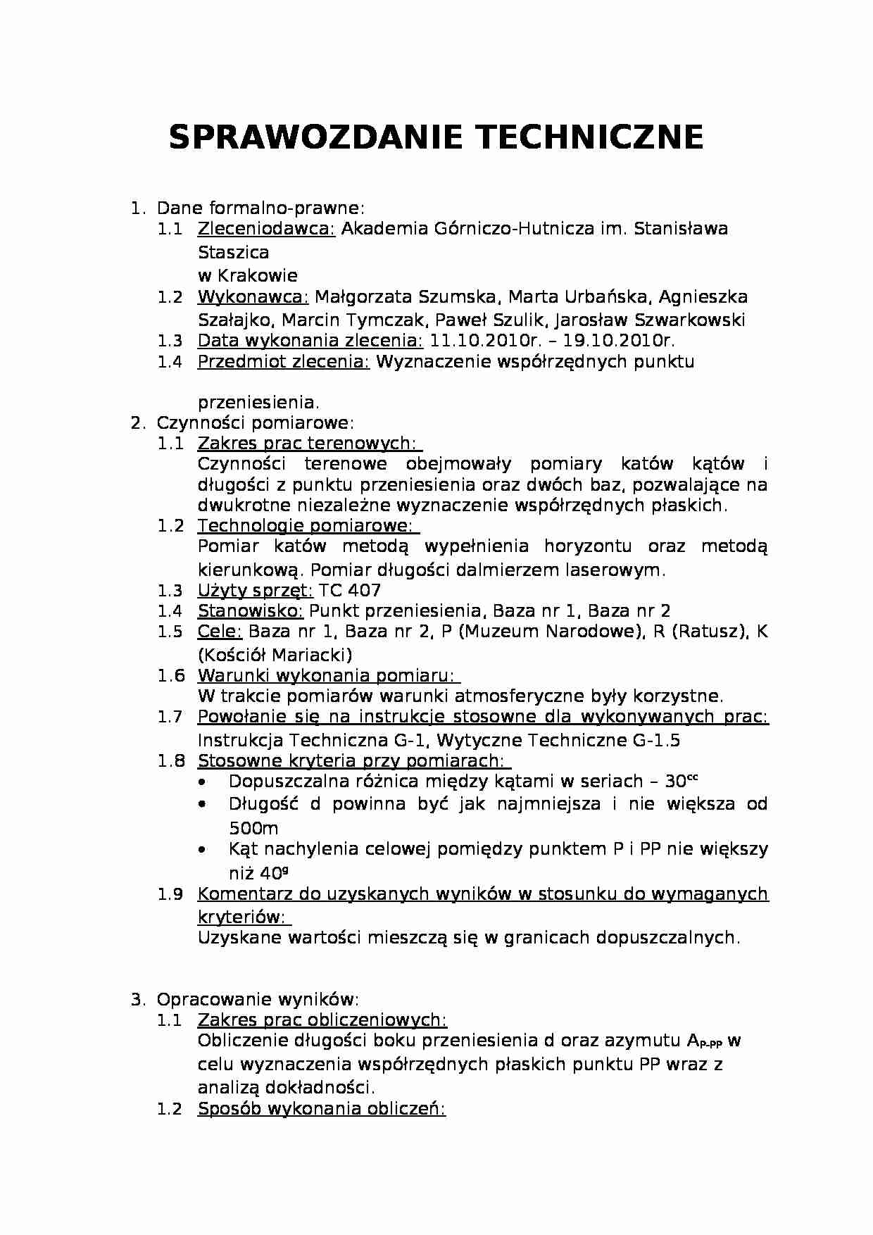 Sprawozdanie techniczne - Wyznaczenie współrzędnych punktu przeniesienia. - strona 1