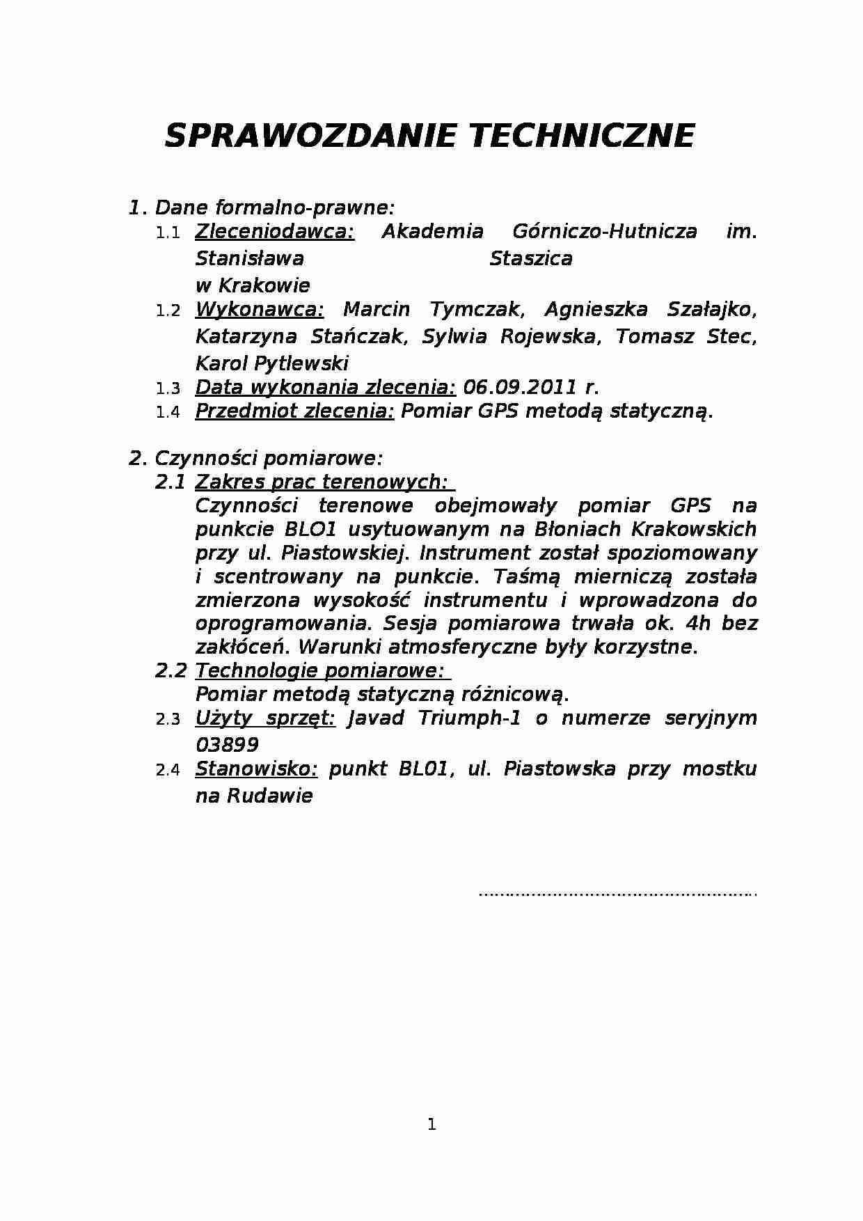 Sprawozdanie techniczne - Pomiar metodą statyczną różnicową. - strona 1