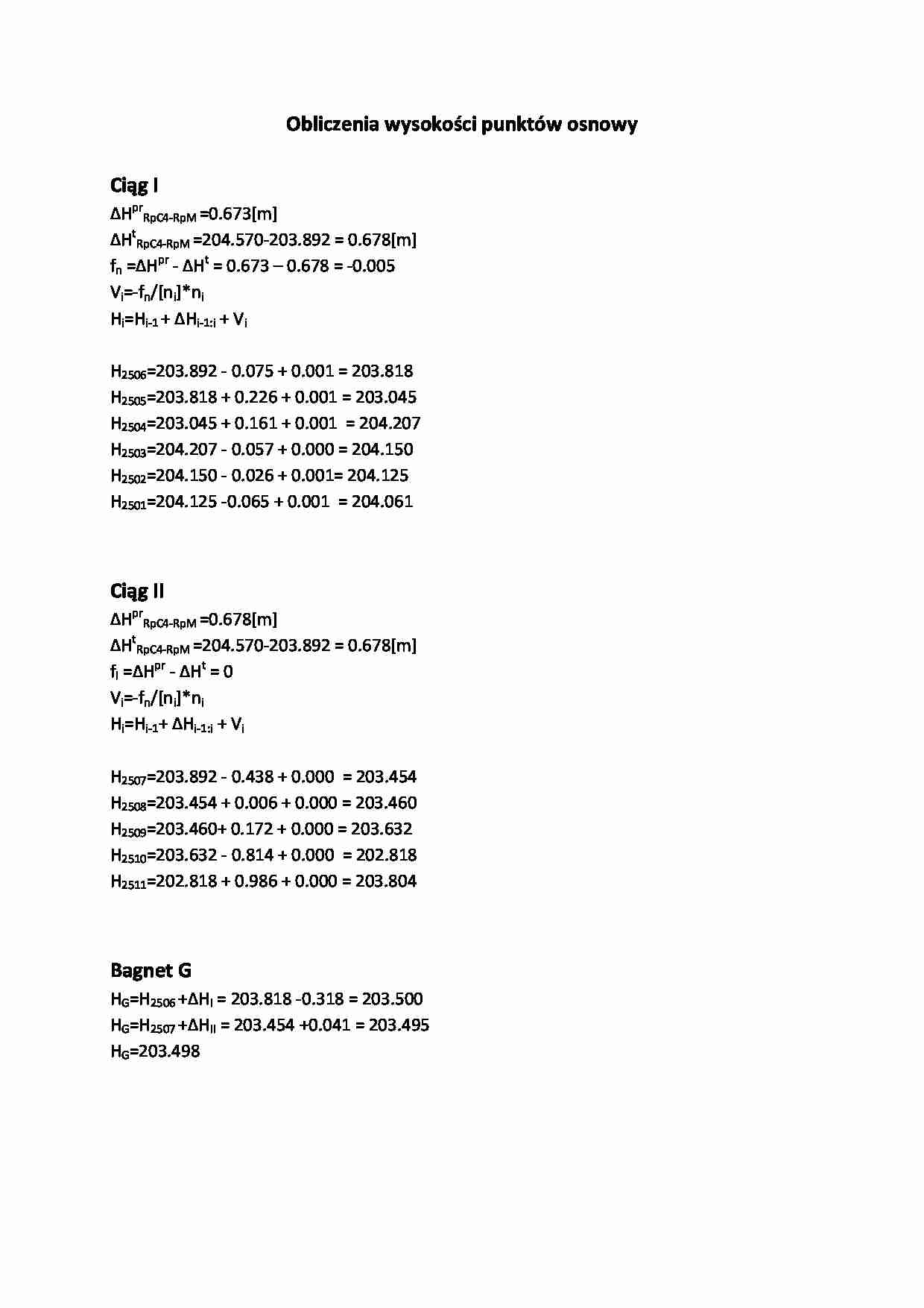 Obliczenia wysokości punktów osnowy - strona 1