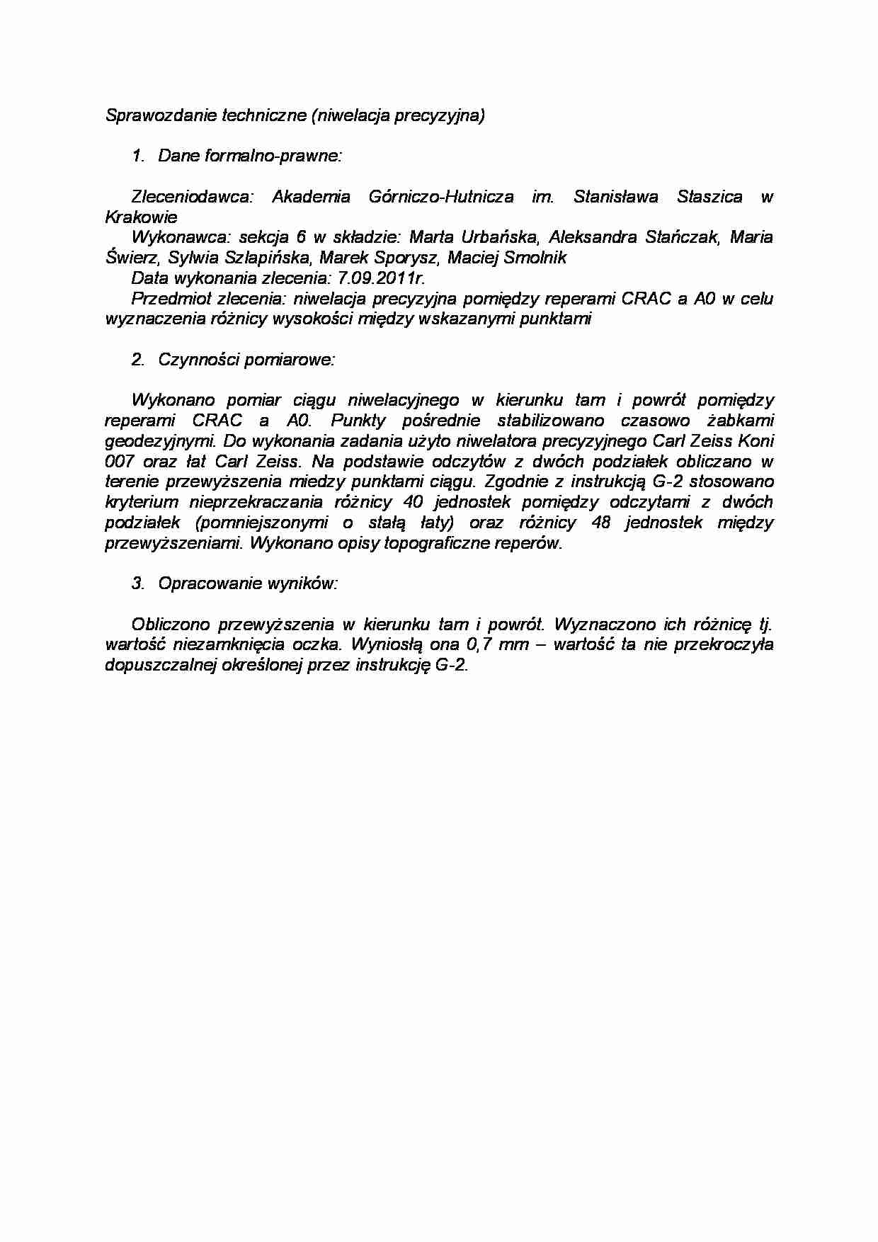 sprawozdanie techniczne niwelacja - strona 1