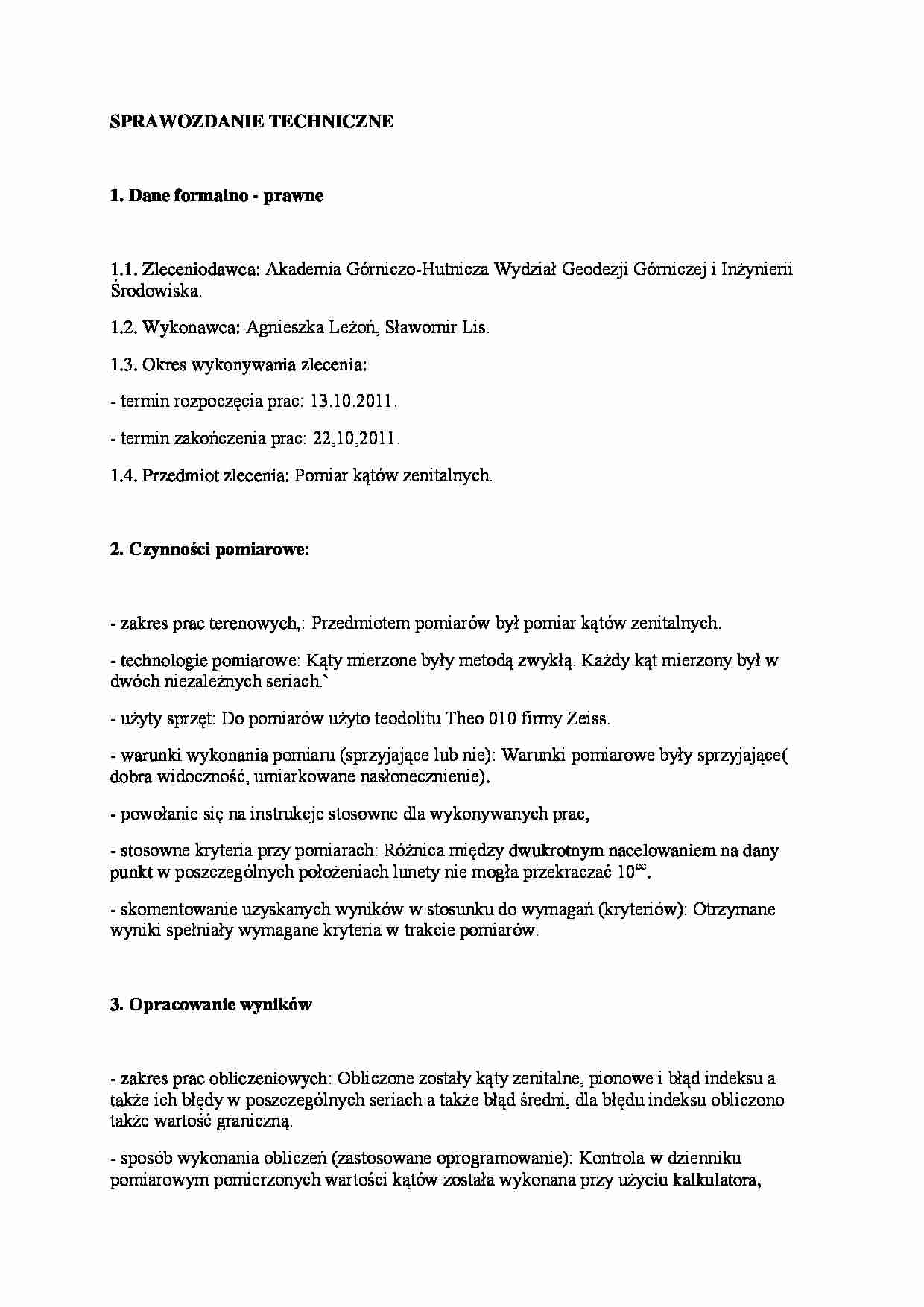 Sprawozdanie techniczne  - Pomiar kątów zenitalnych - strona 1