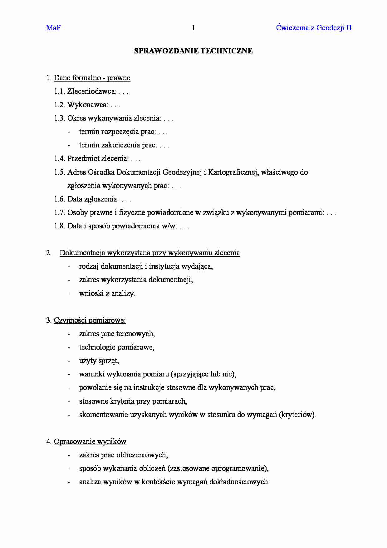 Sprawozdanie techniczne  - Ćwiczenia z Geodezji II  - strona 1