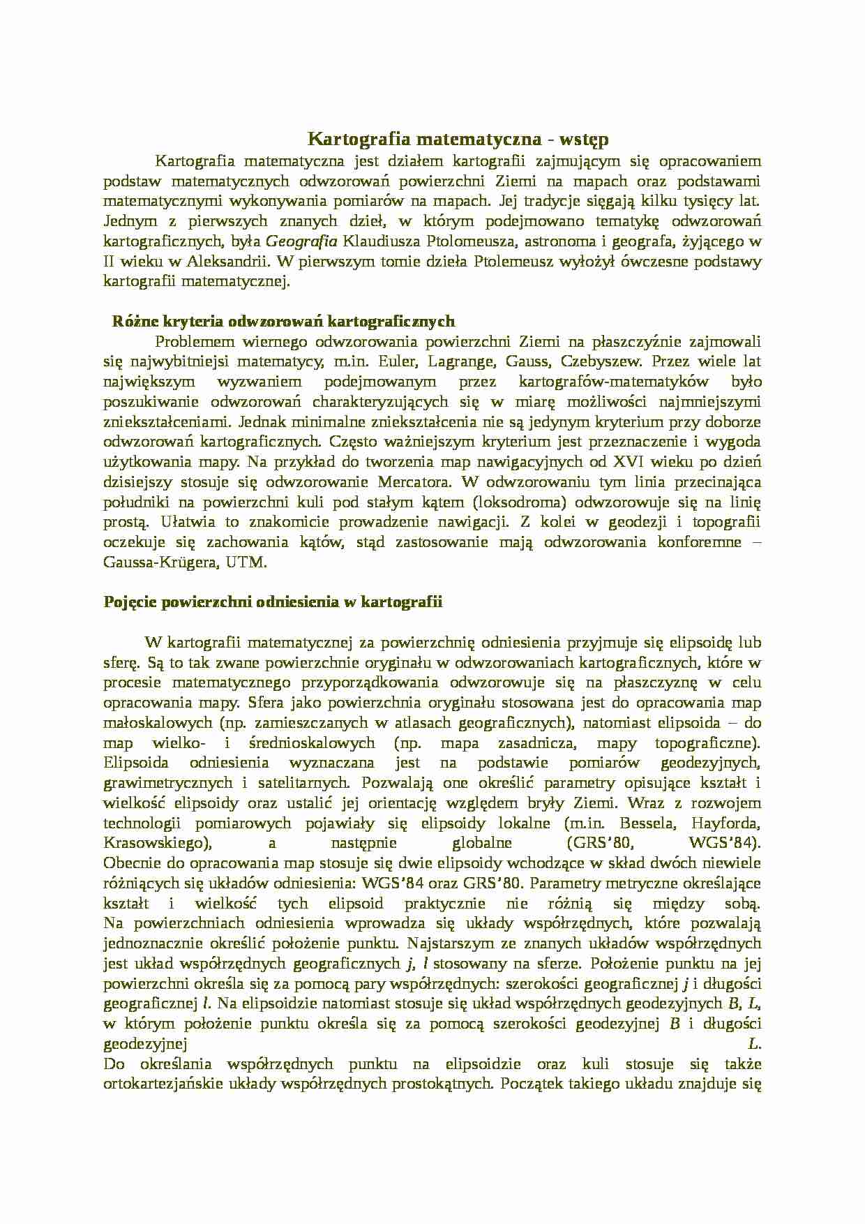 Kartografia matematyczna - notatki z kartografii - strona 1