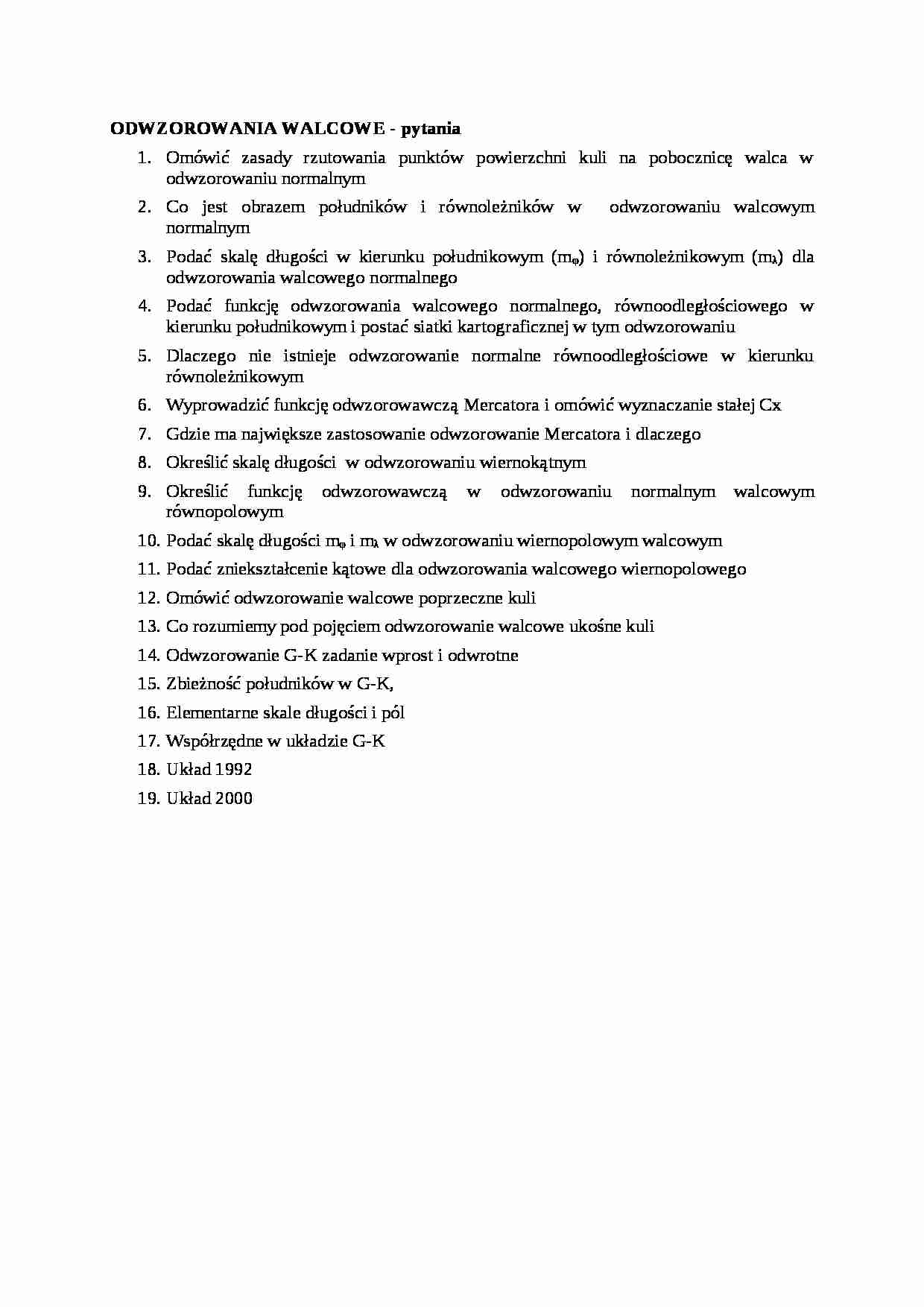 Odwzorowania walcowe - pytania  - strona 1