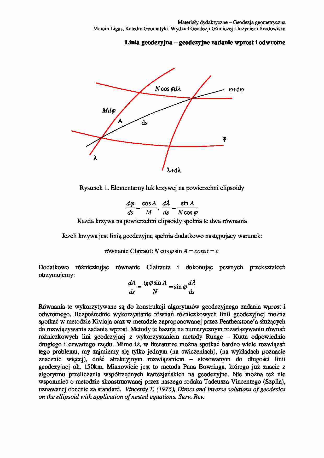 Linia geodezyjna – geodezyjne zadanie wprost i odwrotne  - strona 1