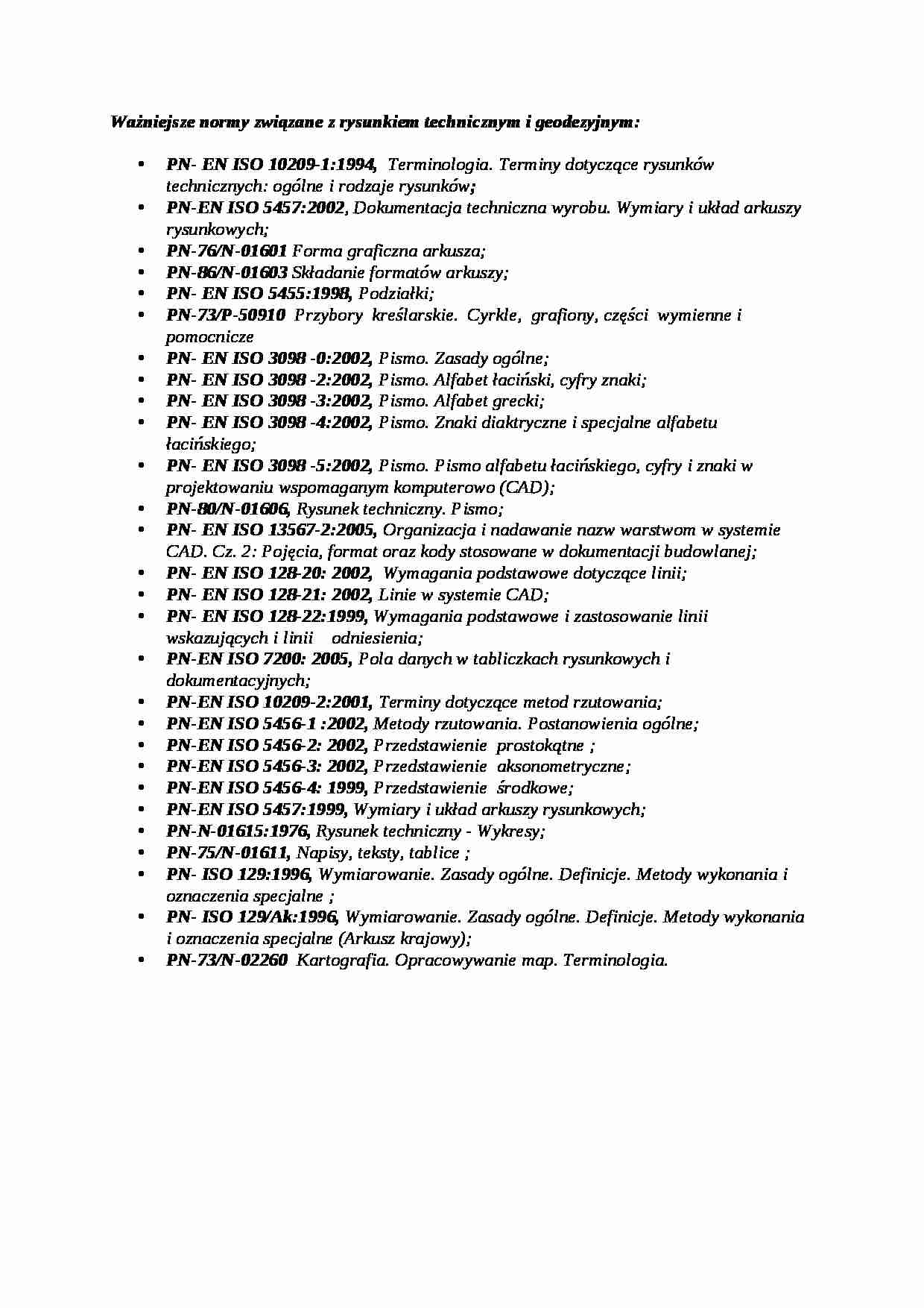  Ważniejsze normy związane z rysunkiem technicznym i geodezyjnym - strona 1