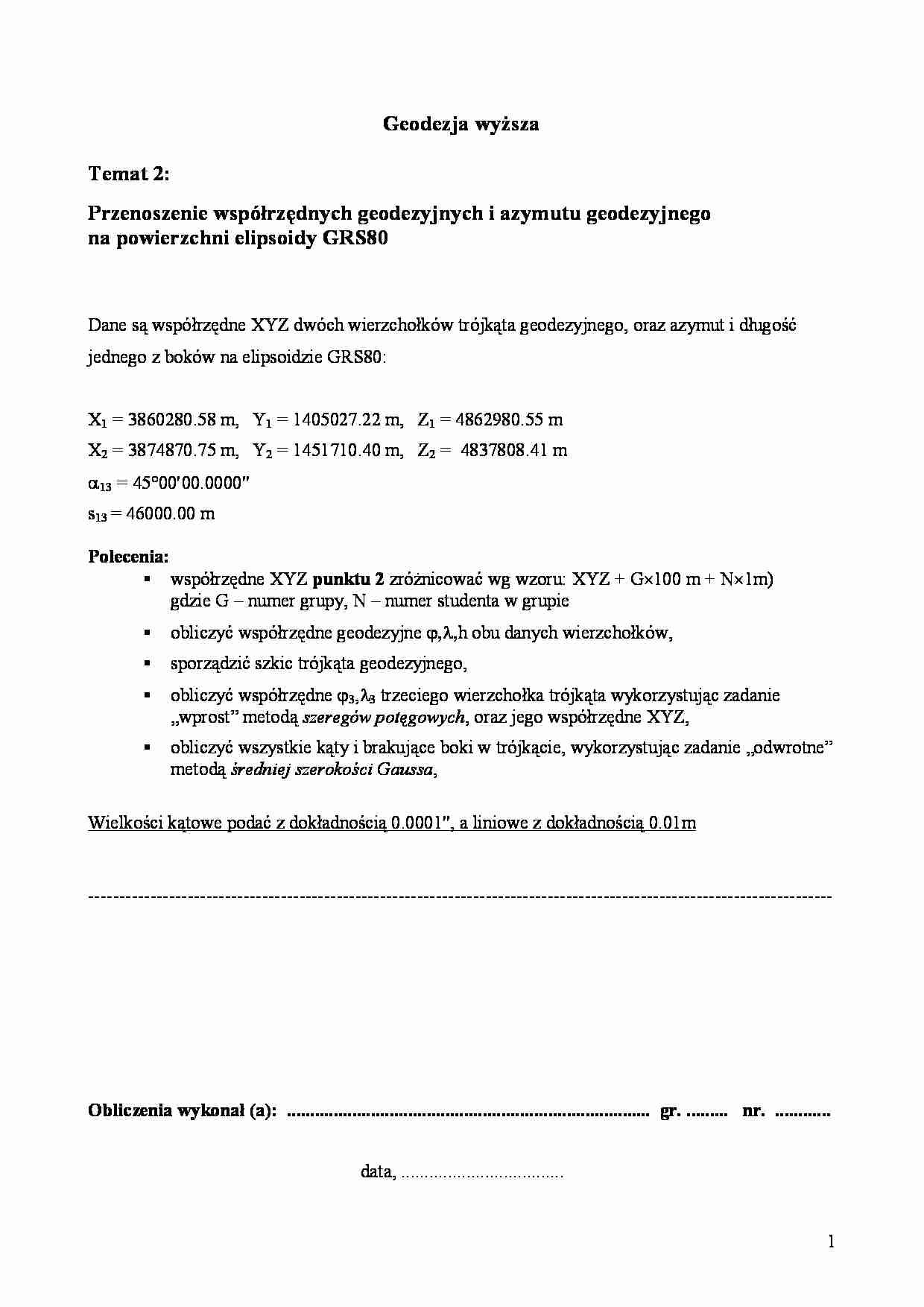 Przenoszenie współrzędnych geodezyjnych i azymutu geodezyjnego - strona 1