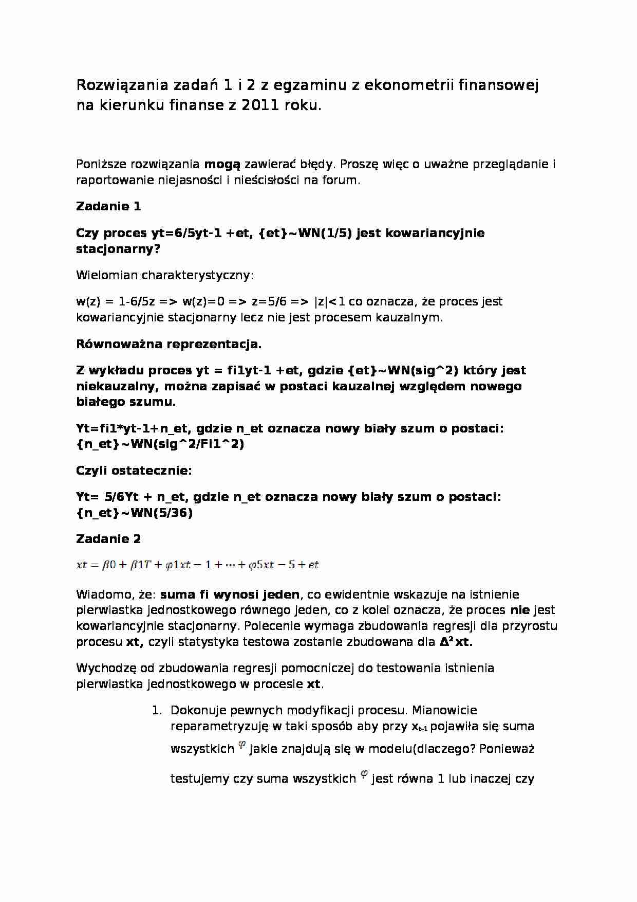 Rozwiązanie zadania z ekonometrii dynamicznej i finansowej. - strona 1