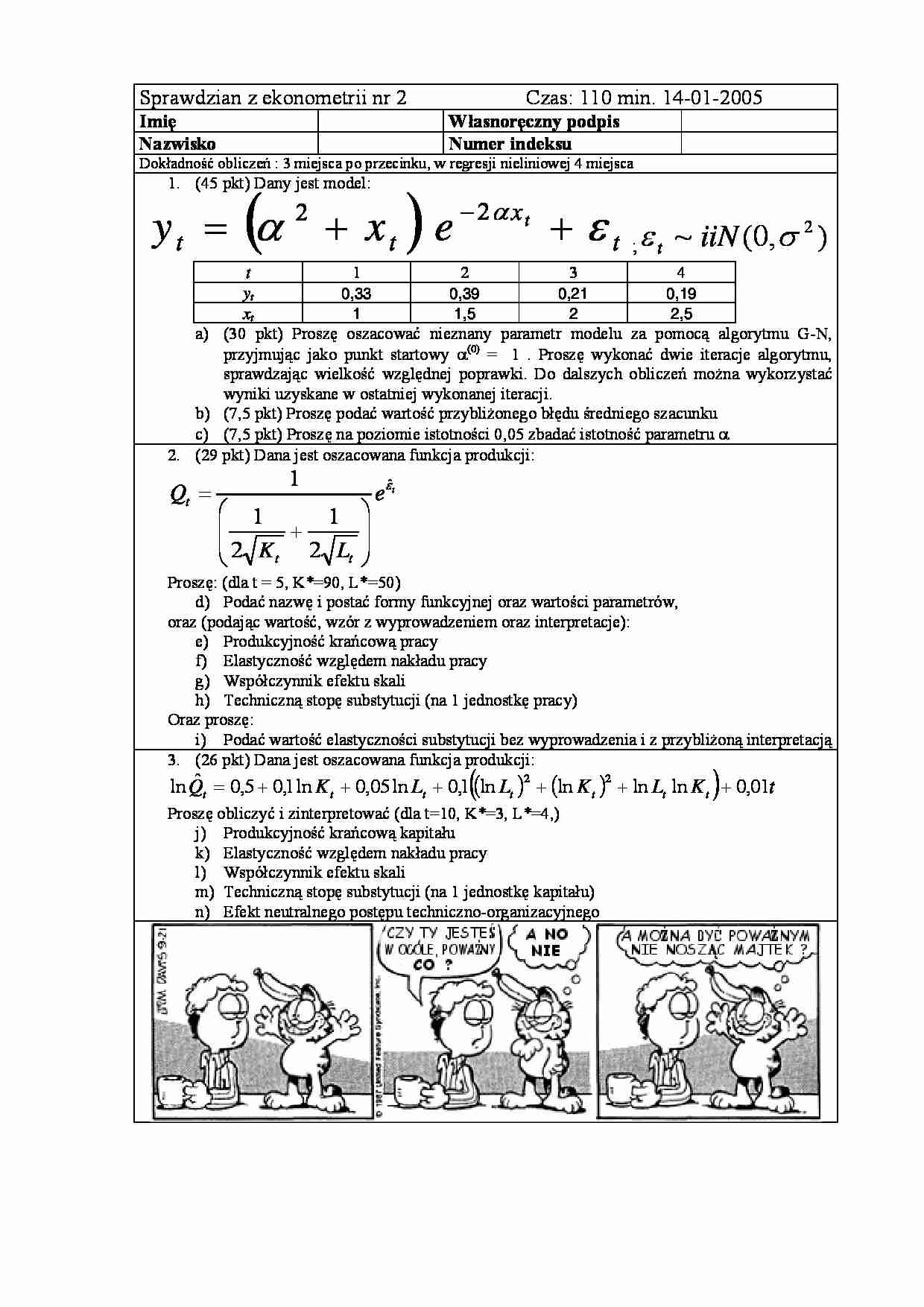 Sprawdzian z ekonometrii jako przykład. 2005r - strona 1
