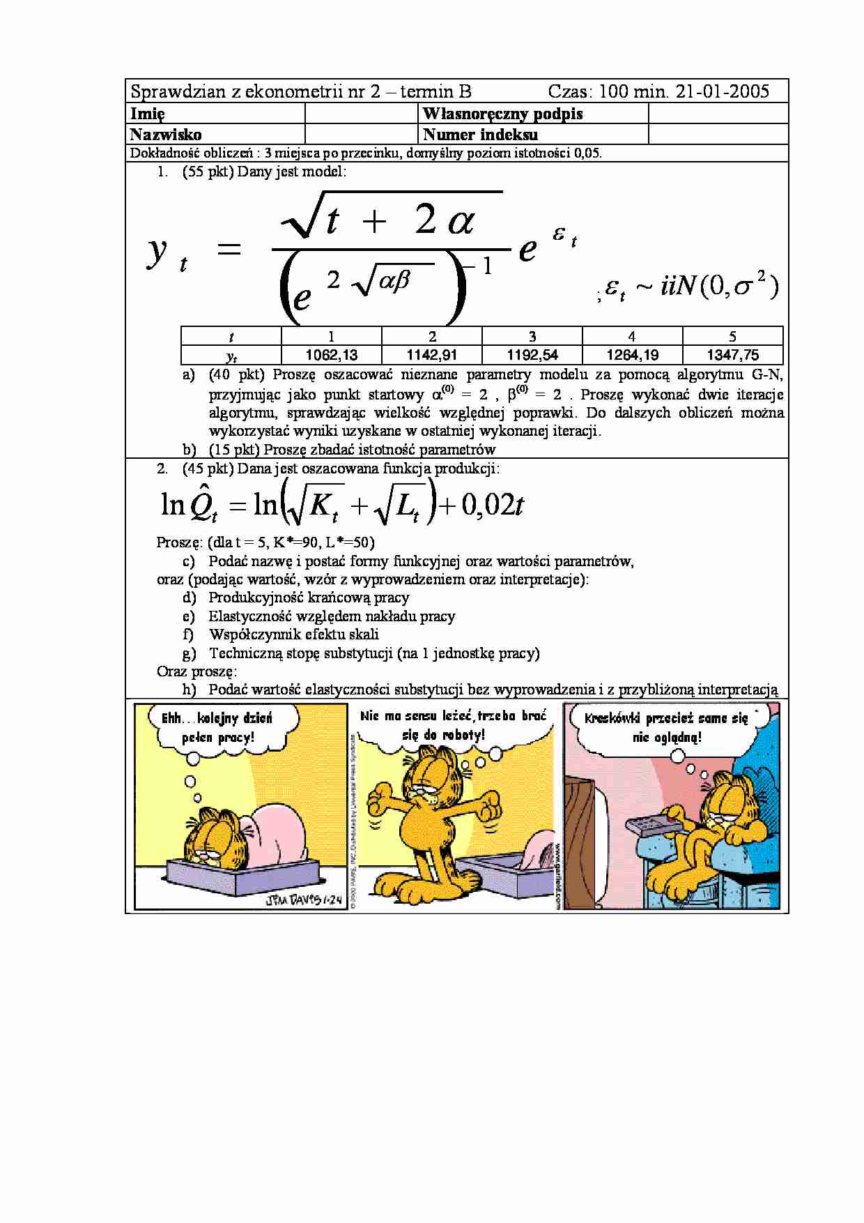 Sprawdzian z ekonometrii jako przykład. 2005r - Funkcja produkcji - strona 1