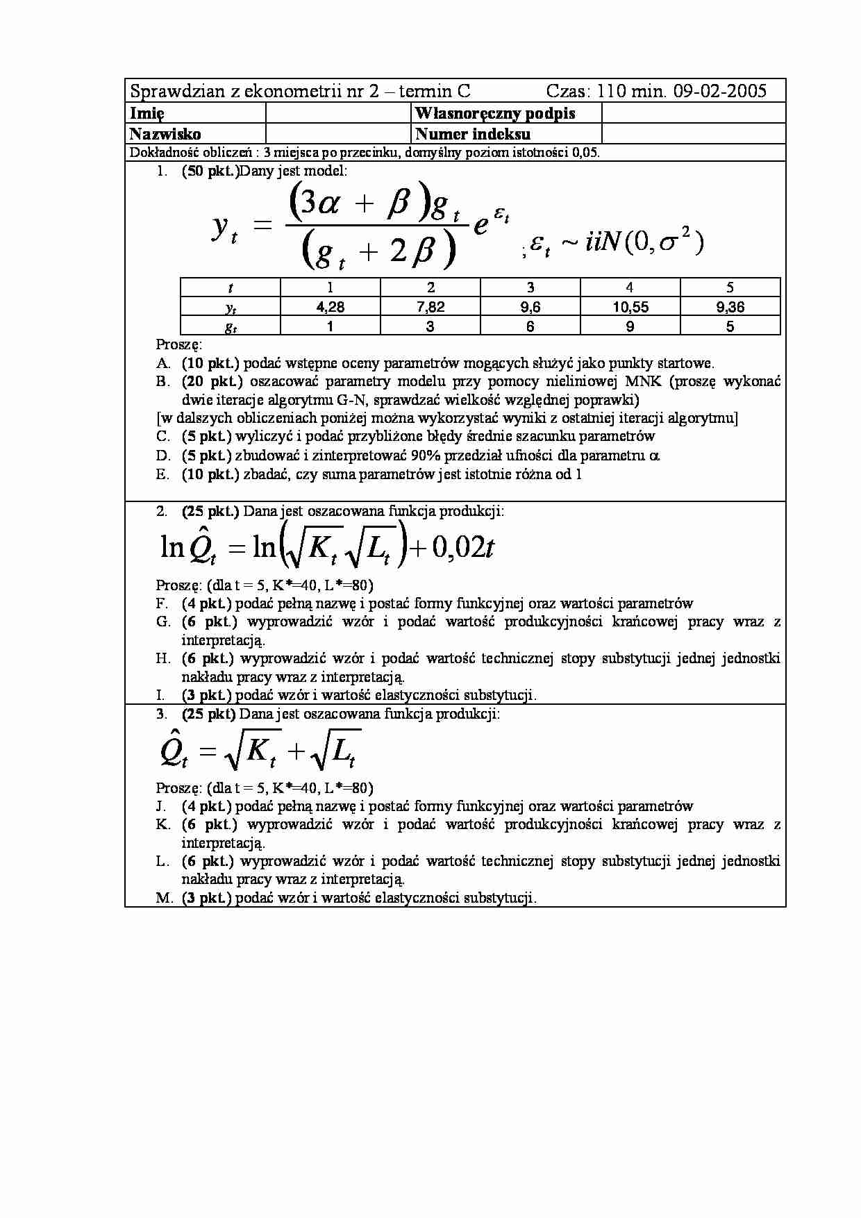 Sprawdzian z ekonometrii - termin C - 2005 - strona 1