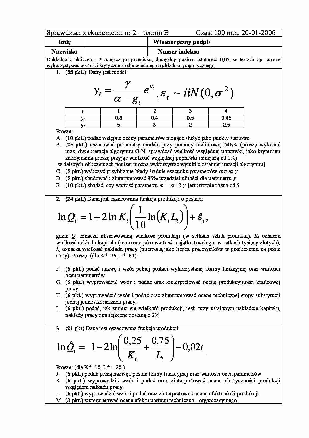 Sprawdzian z ekonometrii nr 2 – termin B - 2006 - strona 1
