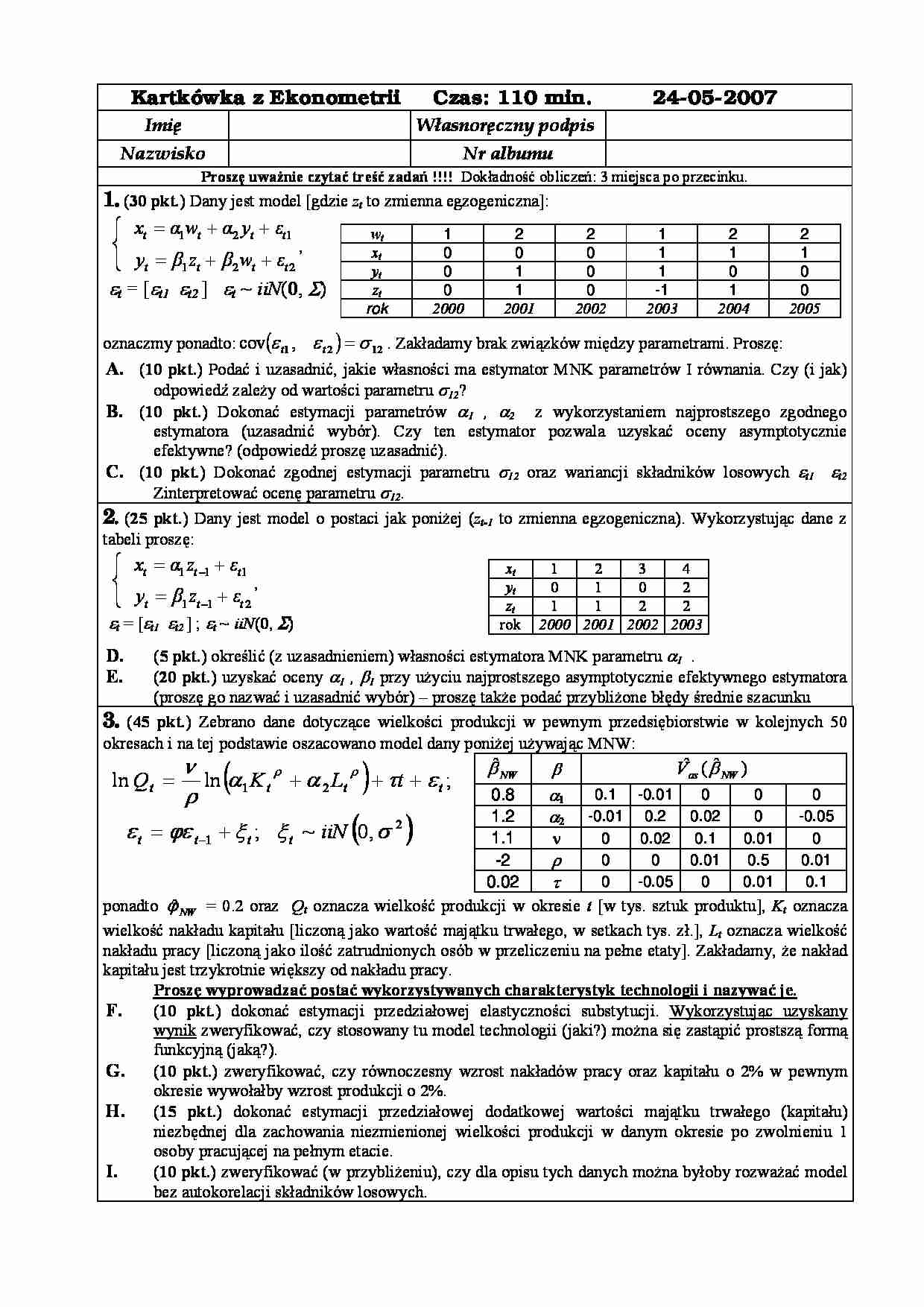 Kartkówka z ekonometrii - maj 2007 - strona 1