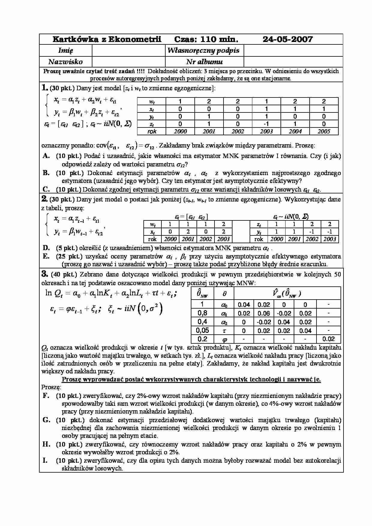 Kartkówka z ekonometrii - maj 2007 - Estymator - strona 1