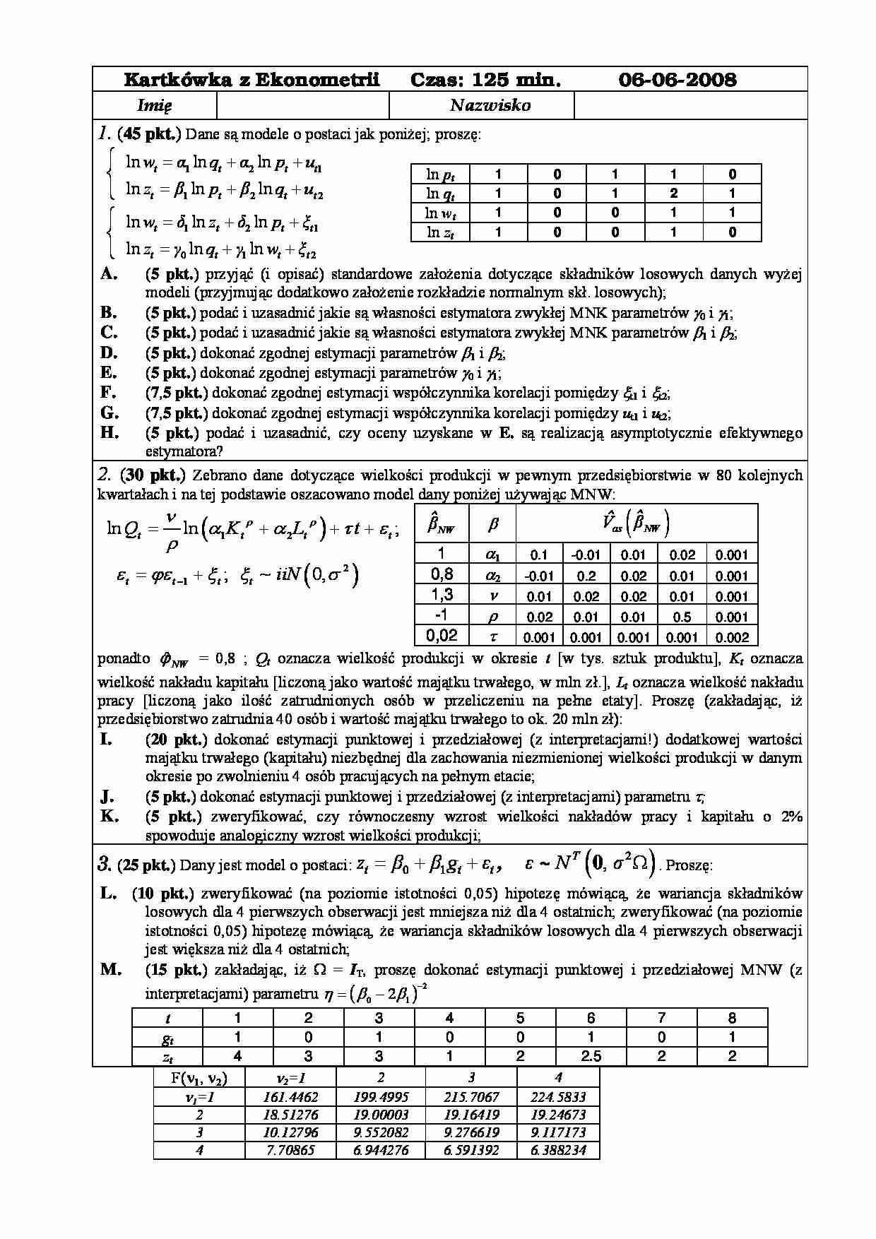 Kartkówka  z ekonometrii - czerwiec 2008 - strona 1