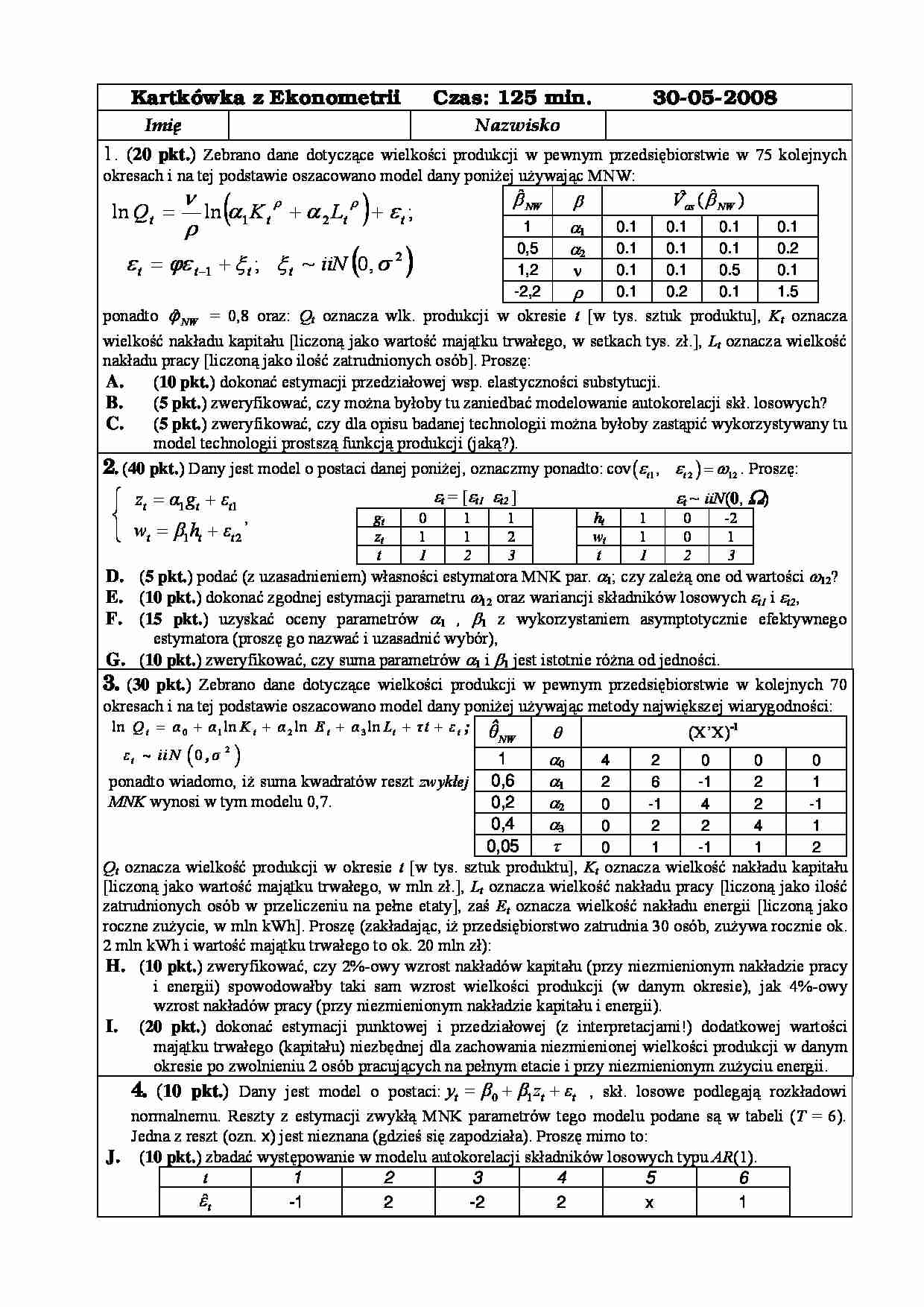Kartkówka z ekonometrii - maj 2008 - strona 1