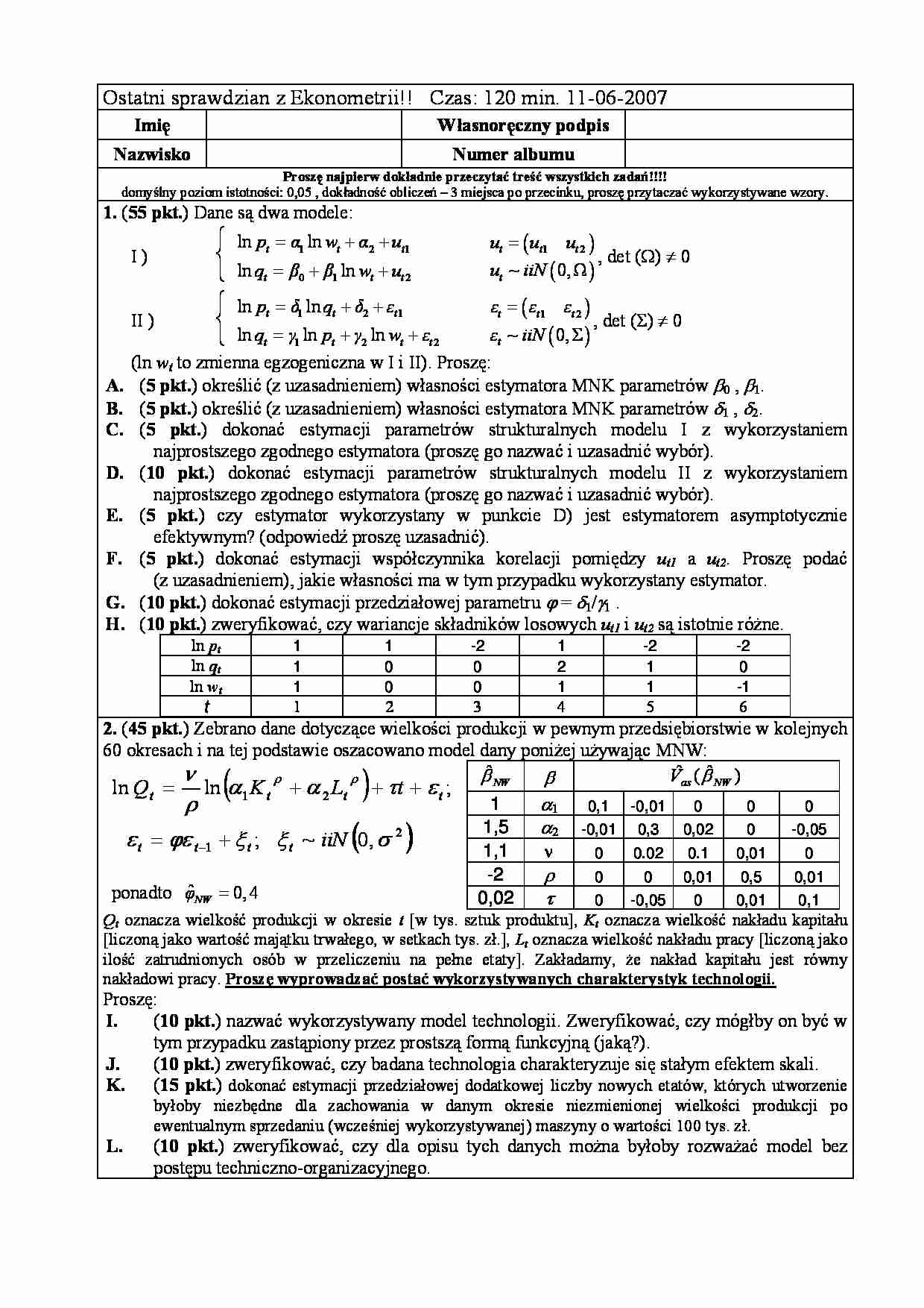 Sprawdzian z ekonometrii - czerwiec 2007 - Estymacja przedziałowa - strona 1
