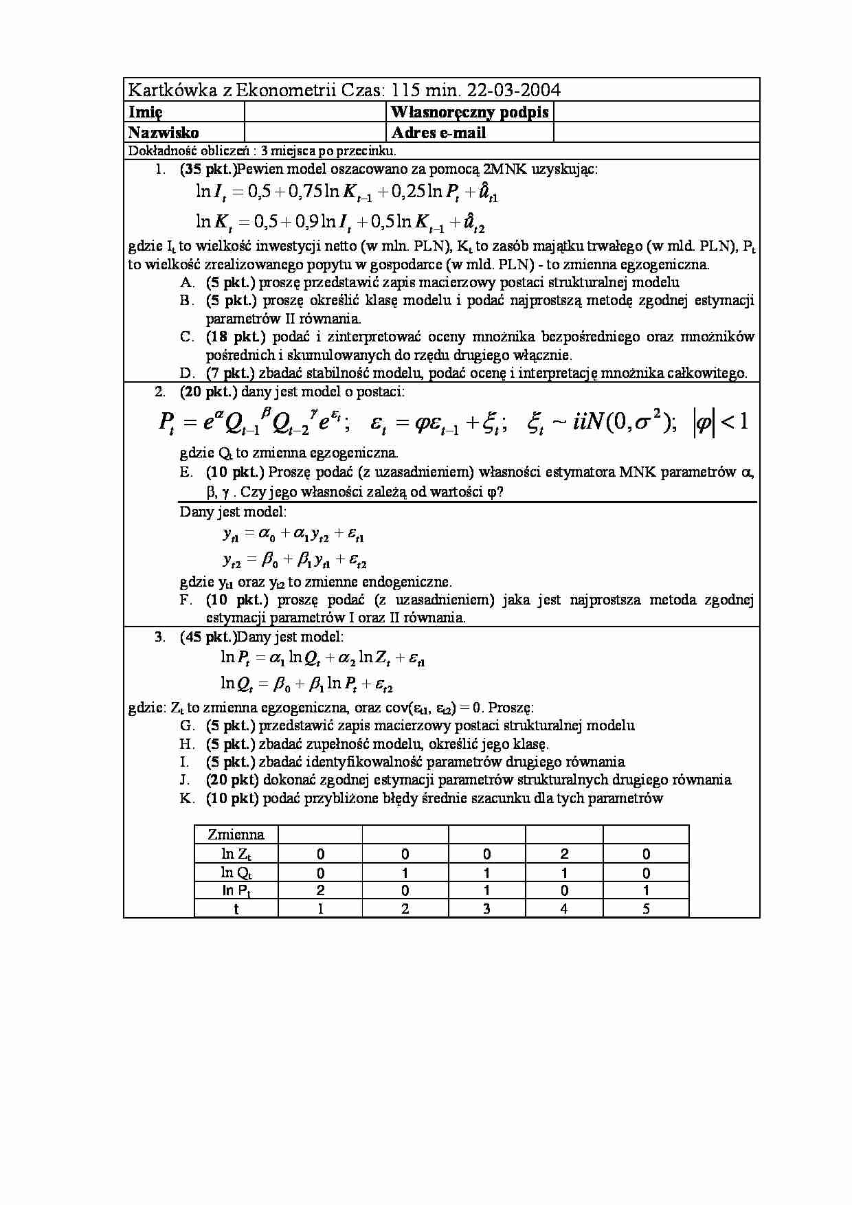 Kartkówka z ekonometrii - marzec 2004 - strona 1