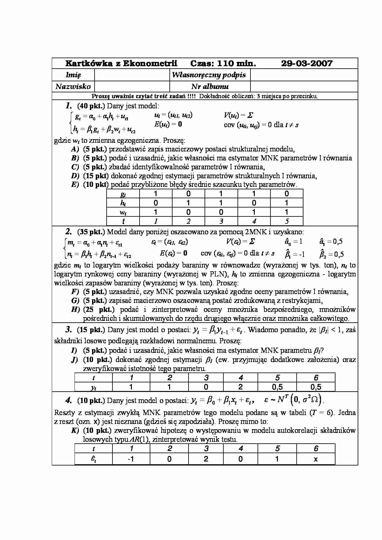 Kartkówka z ekonometrii - marzec 2007 - strona 1
