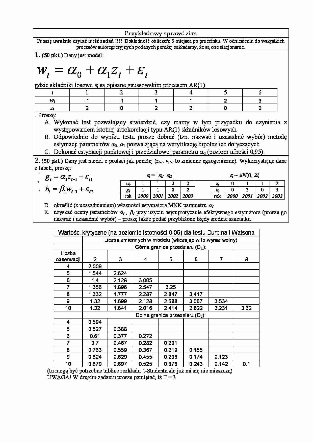 Przykładowy sprawdzian - ekonometria. - strona 1