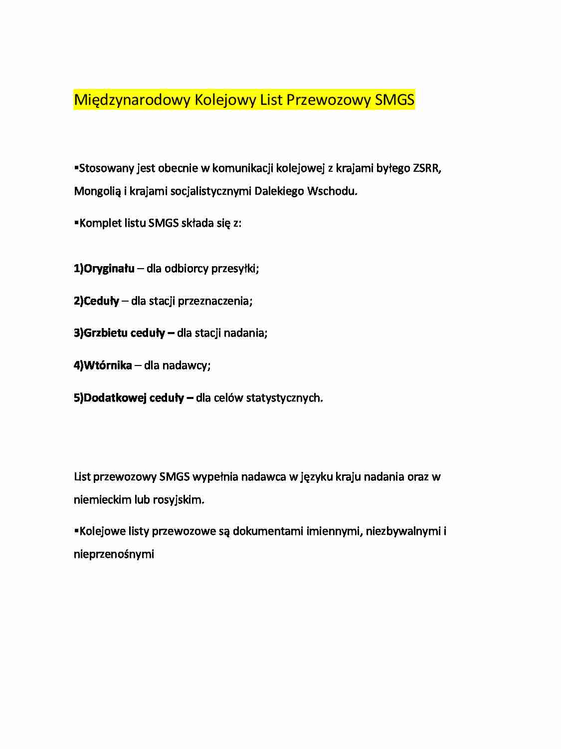 Międzynarodowy Kolejowy List Przewozowy SMGS - strona 1