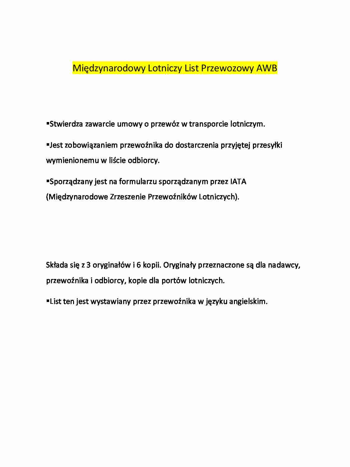 Międzynarodowy Lotniczy List Przewozowy AWB - strona 1