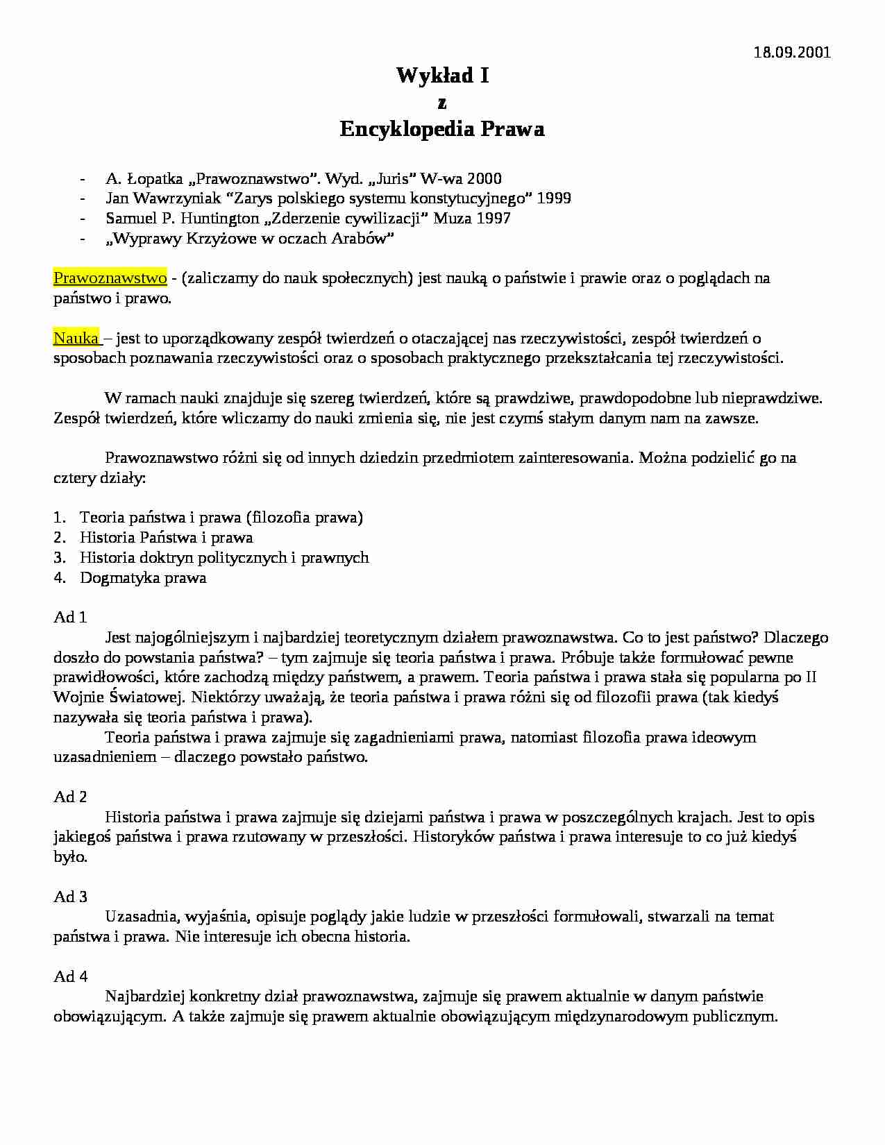 Encyklopedia Prawa - wyklad 01 [18.09.2001] - strona 1