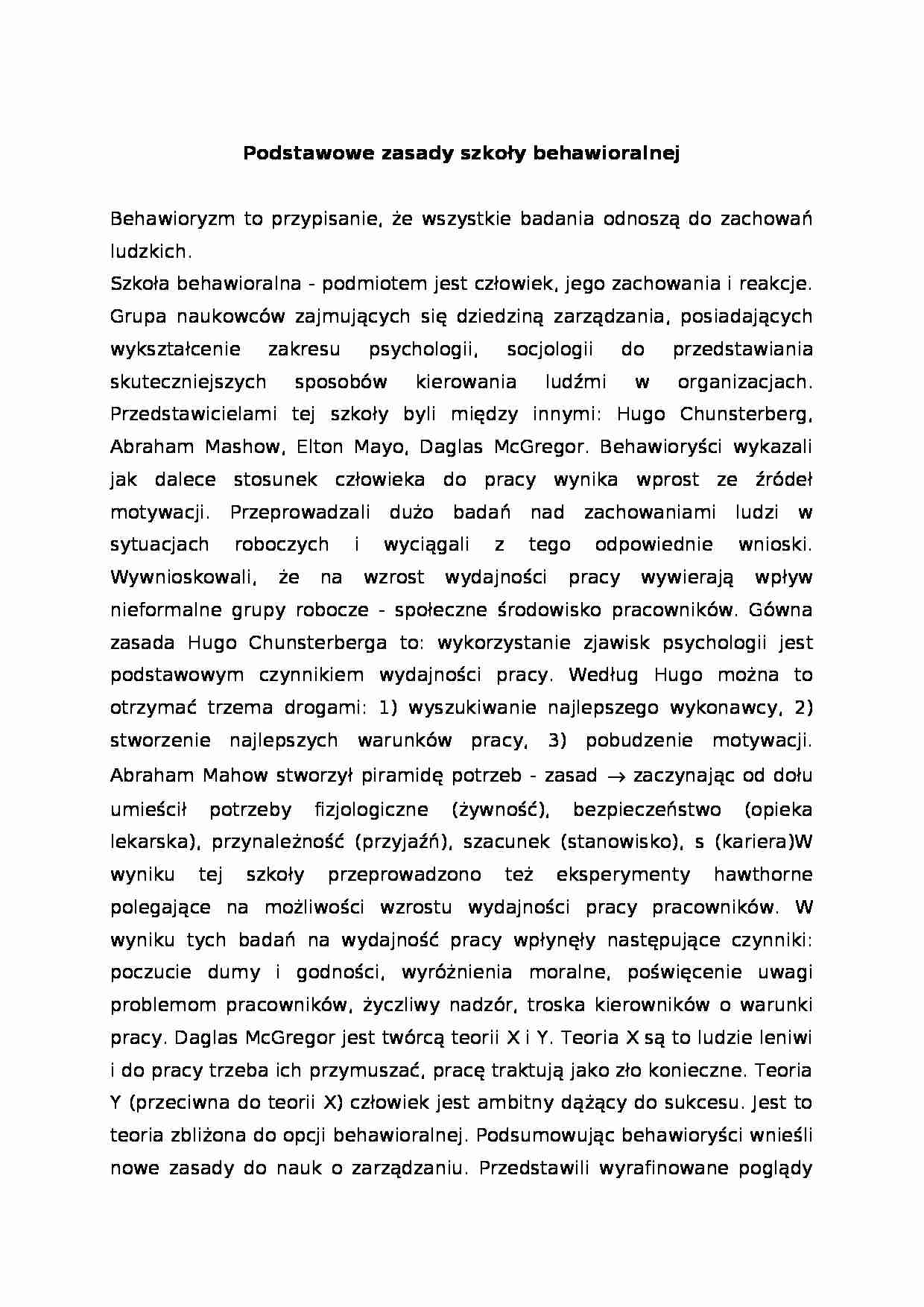 Podstawowe zasady szkoły behawioralnej - strona 1