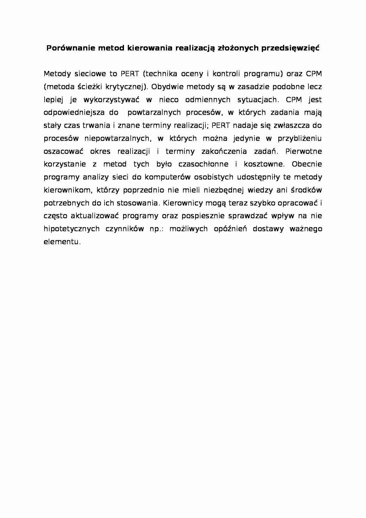 Porównanie metod kierowania realizacją złożonych przedsięwzięć - strona 1