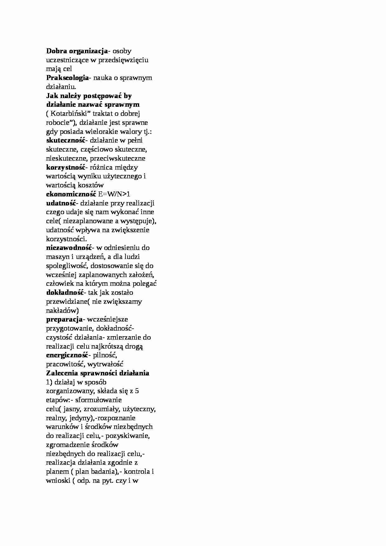 Podstawowe pojęcia z przedmiotu - Prakseologia - strona 1