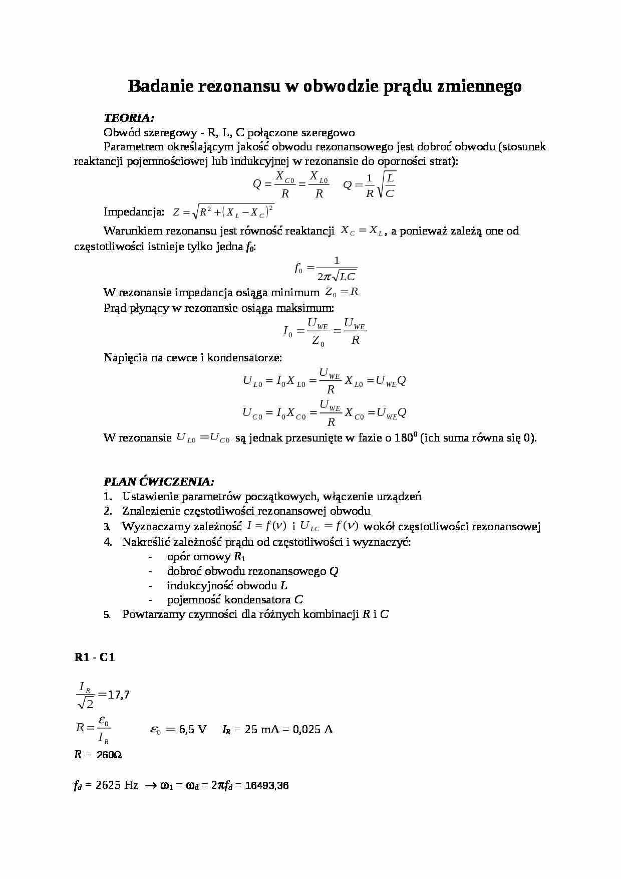 Badanie rezonansu w obwodzie prądu zmiennego - strona 1