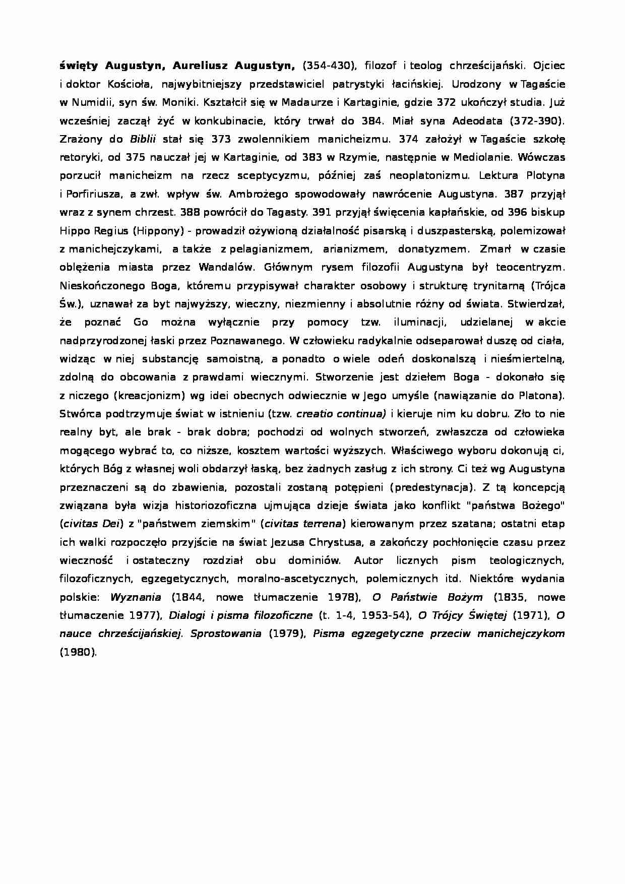 Święty Augustyn-życiorys i poglądy - strona 1