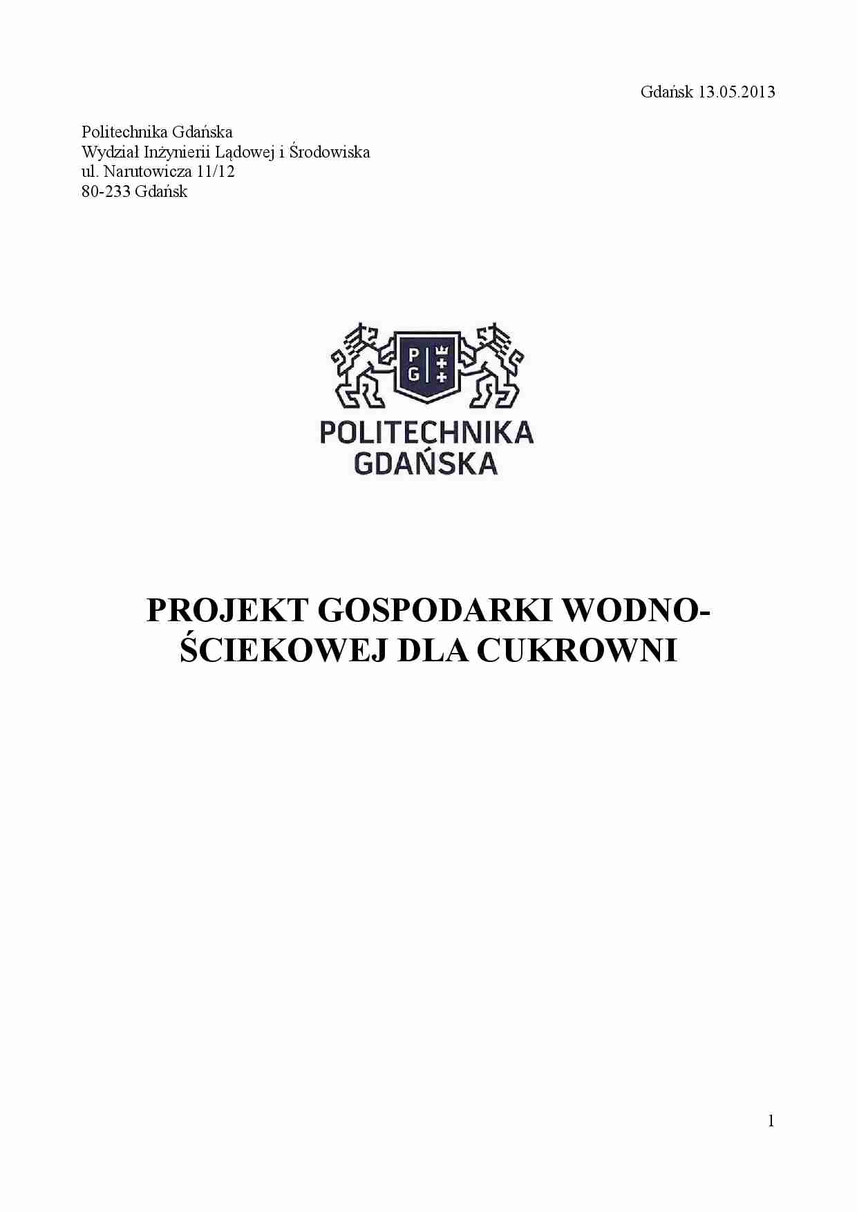 Opis techniczny projektu gospodarkiwodno-ściekowej dla cukrowni - strona 1
